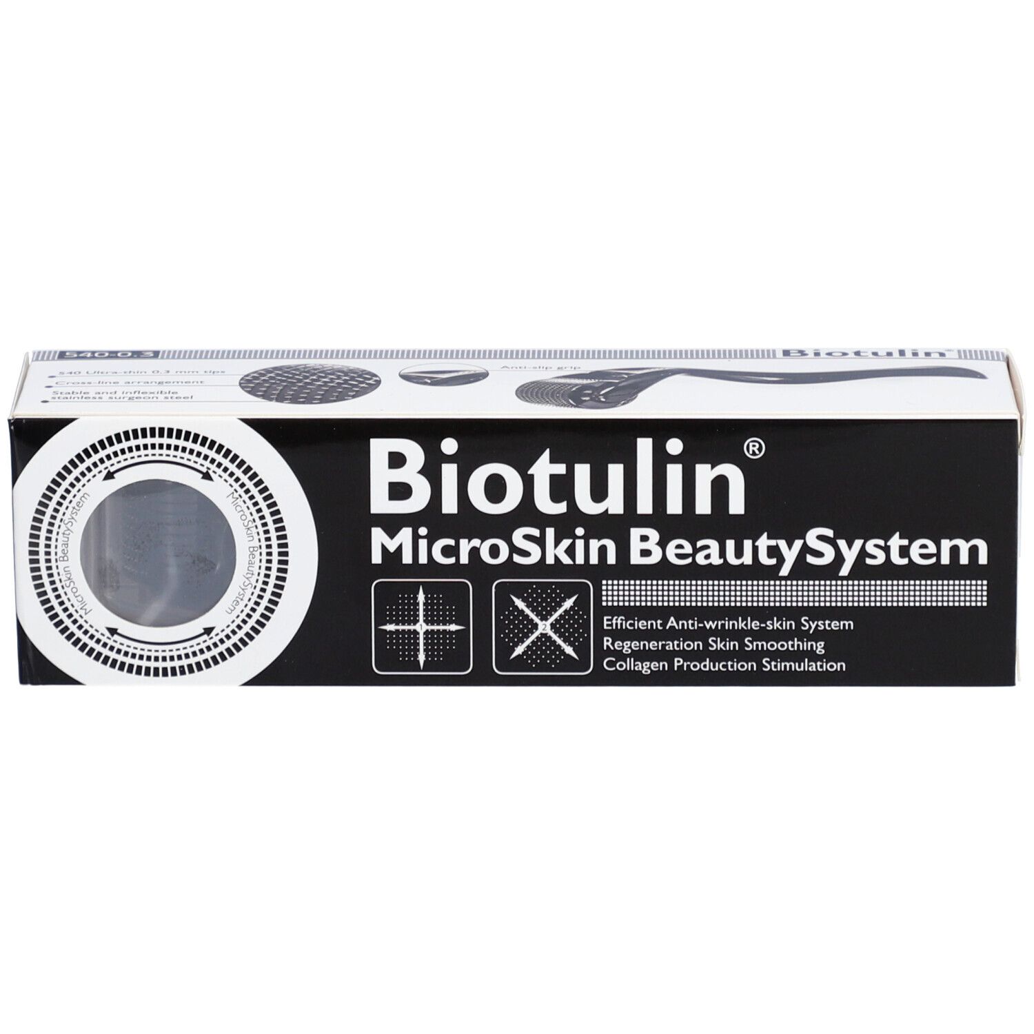 Zwart-witte verpakking met "Biotulin MicroSkin BeautySystem" logo. Bevat productafbeeldingen en tekst.