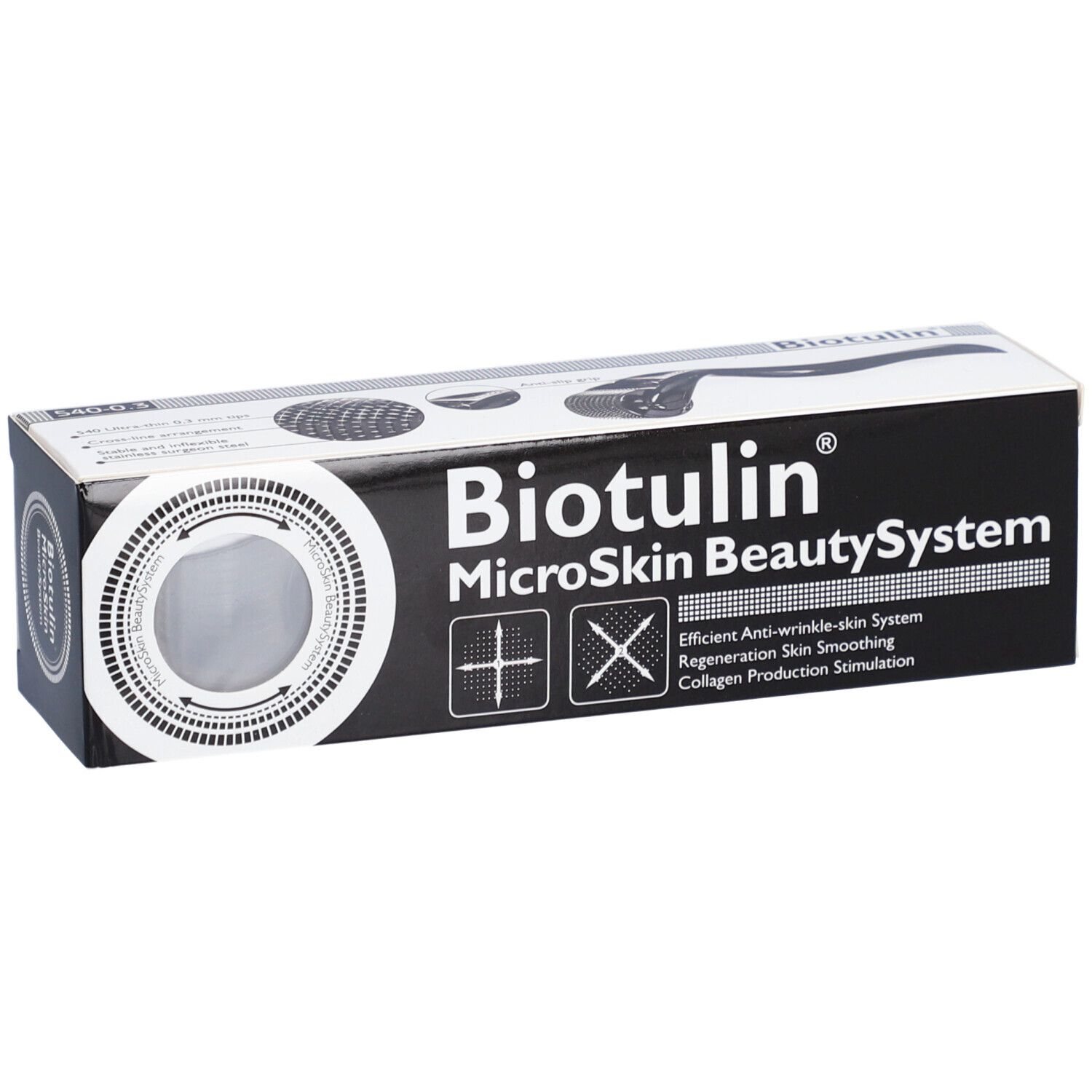 Zwart-witte verpakking met "Biotulin MicroSkin BeautySystem" logo. Bevat productafbeeldingen en tekst.