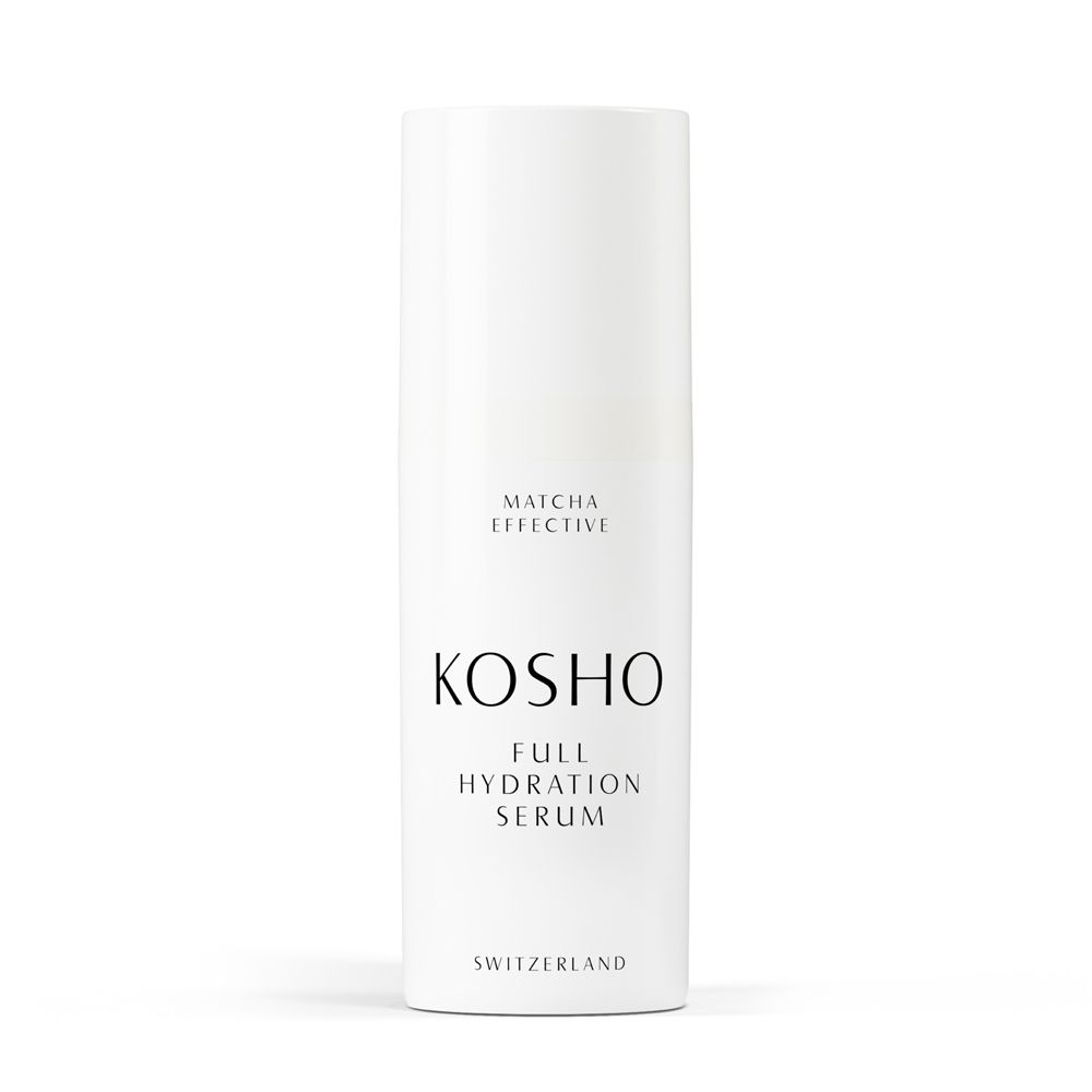 Wit serum met opschrift KOSHO Full Hydration Serum. Gemaakt in Zwitserland.