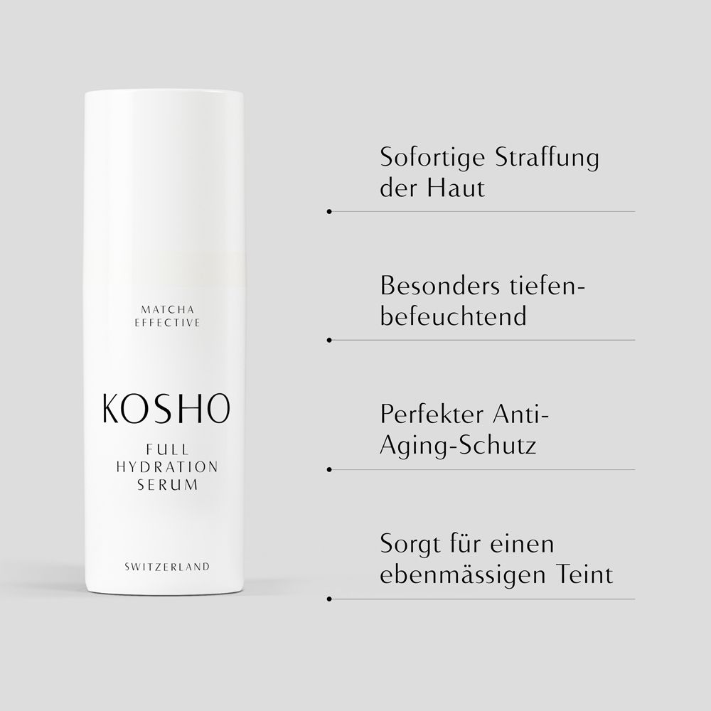 Tekst met eigenschappen van het serum: direct verstevigend, diep hydraterend, anti-aging, egale teint.
