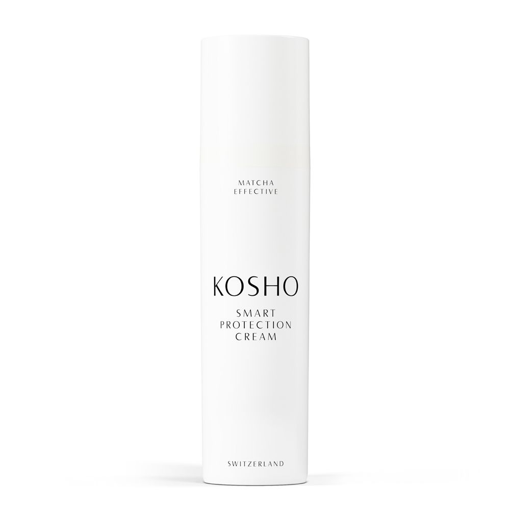 Witte cilindrische tube. Opschrift: KOSHO SMART PROTECTION CREAM. Land van herkomst: Zwitserland.