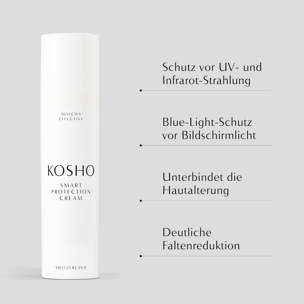 Tekst met opsommingstekens: UV- en infraroodbescherming, blauwlichtbescherming, anti-aging, rimpelvermindering.