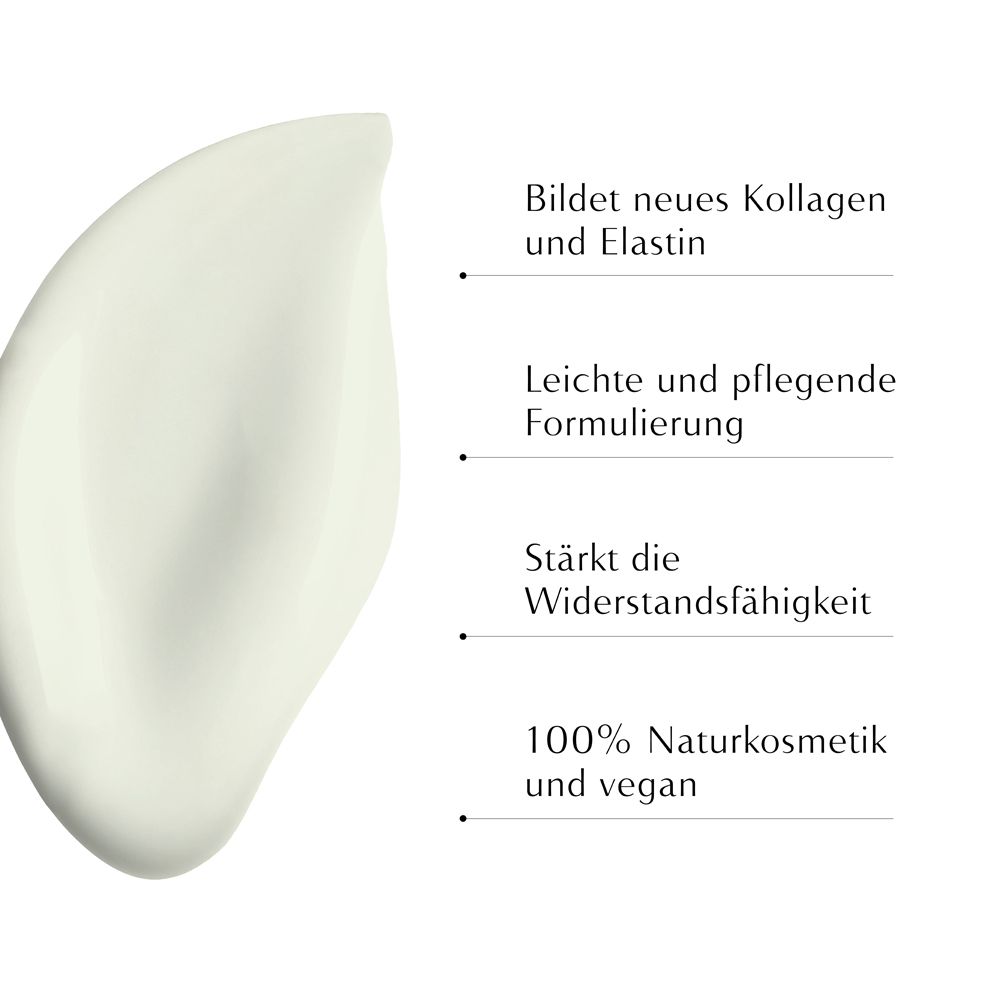 Tekst met opsommingstekens: Vormt collageen en elastine, lichte formule, versterkt weerstand, 100% natuurlijke cosmetica.