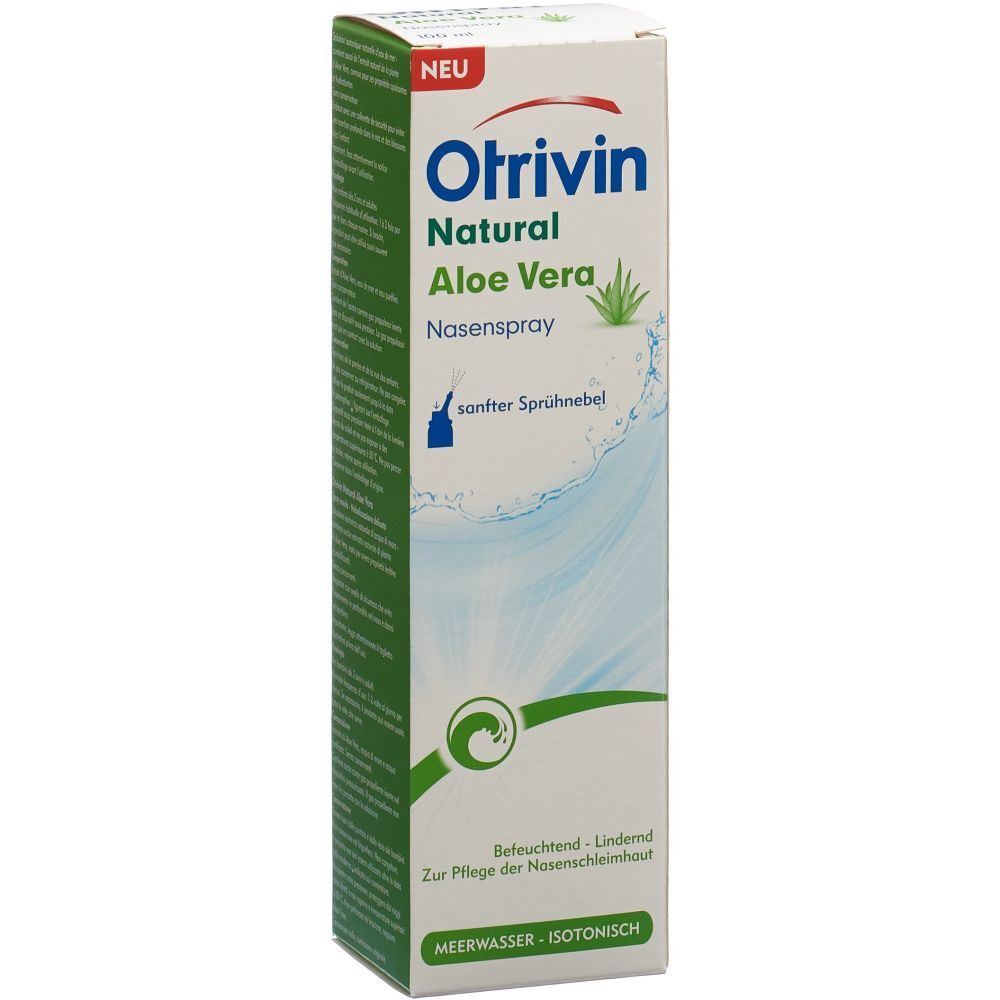 Boîte Otrvivin Natural Aloe Vera Nasenspray. Texte et image du produit. Couleurs : vert, blanc et rouge.