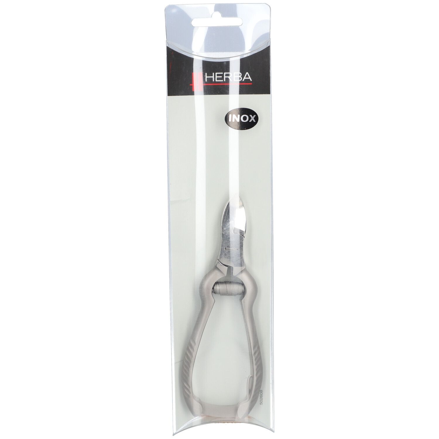 Metalen nagelknipper in plastic verpakking. Merk HERBA. Opschrift INOX.