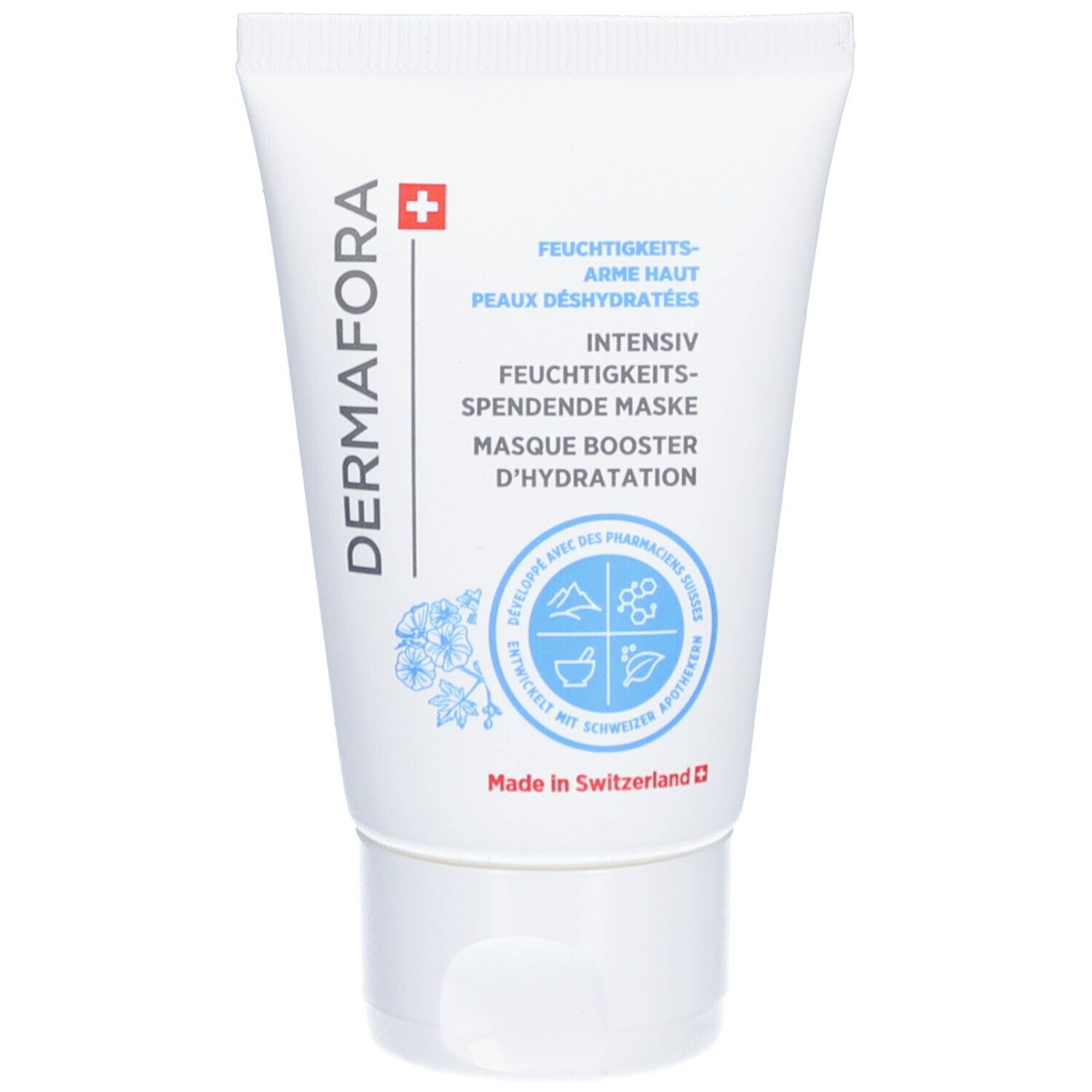 Tube blanc avec nom du produit et croix rouge. Texte: Masque booster d'hydratation. Qualité suisse.