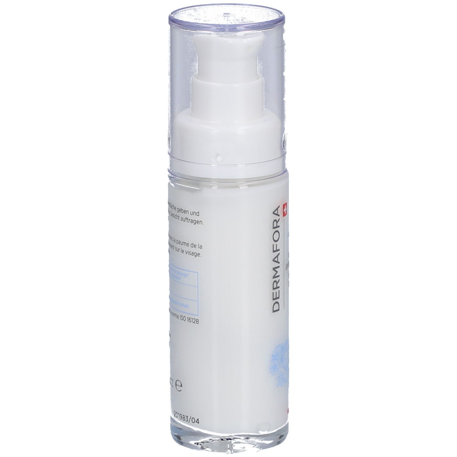 Witte fles met doseerpomp. Opschrift: DERMAFORA. Tekst in het Duits en Frans. Zwitsers kruis.