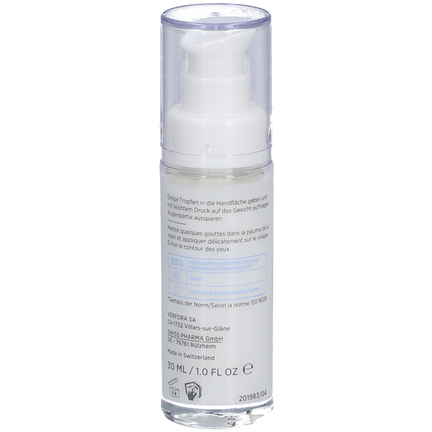 Witte fles met doseerpomp. Tekst in het Duits en Frans. Volume: 30 ml. Gemaakt in Zwitserland.