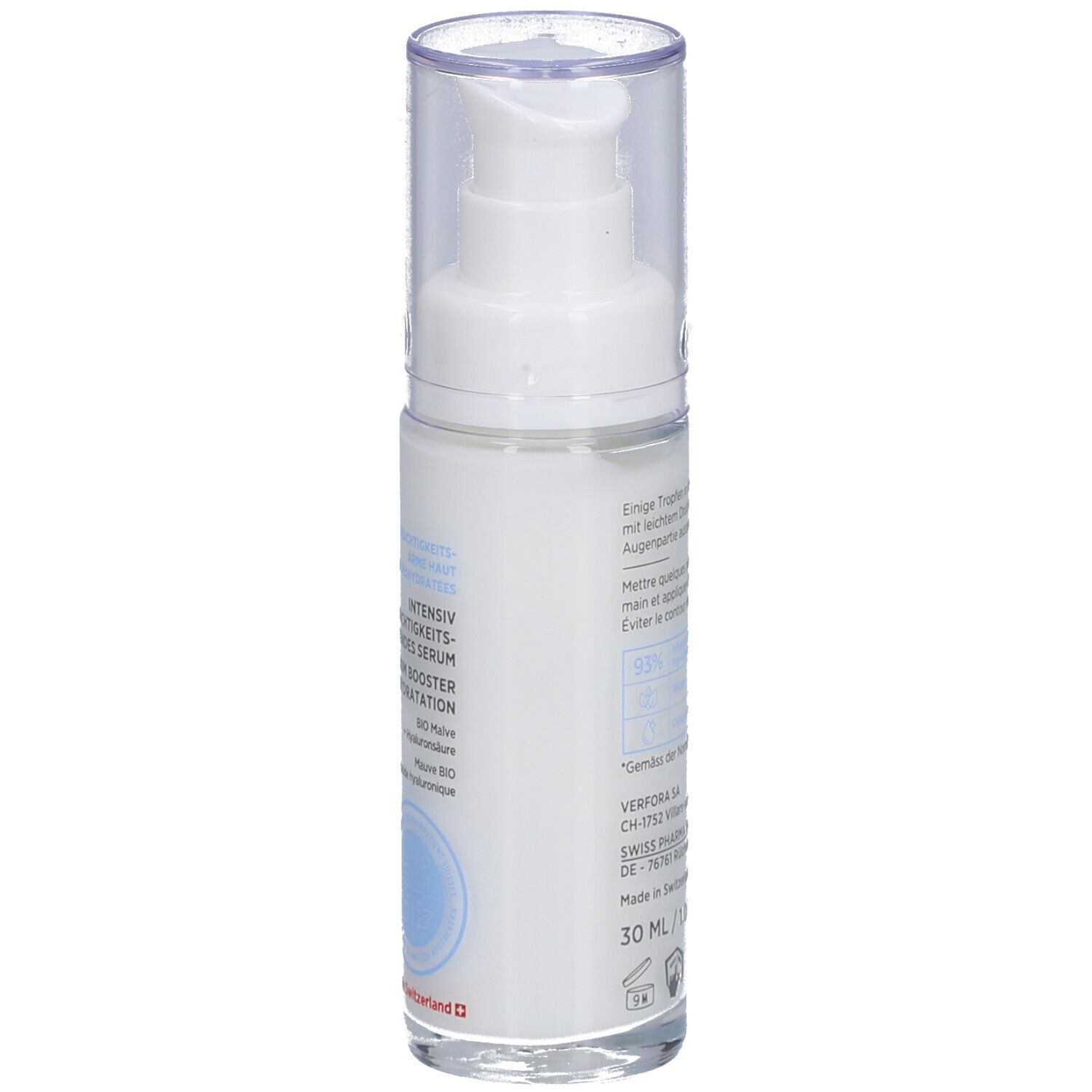 Witte fles met doseerpomp. Tekst in het Duits en Frans. Volume: 30 ml. Gemaakt in Zwitserland.