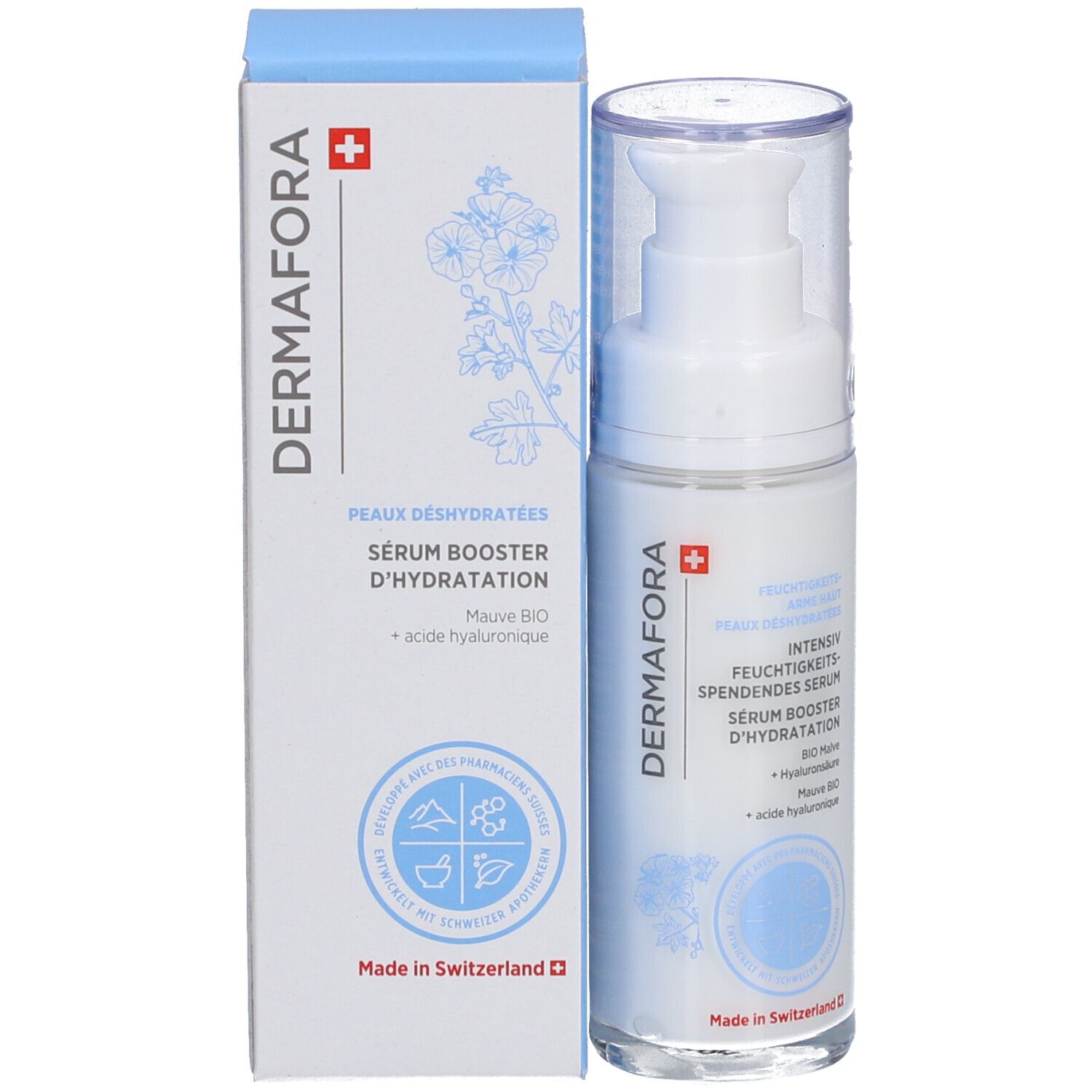 Productfles en verpakking. Opschrift: DERMAFORA, Sérum booster d'hydratation. Zwitsers kruis. Blauwe verpakking.