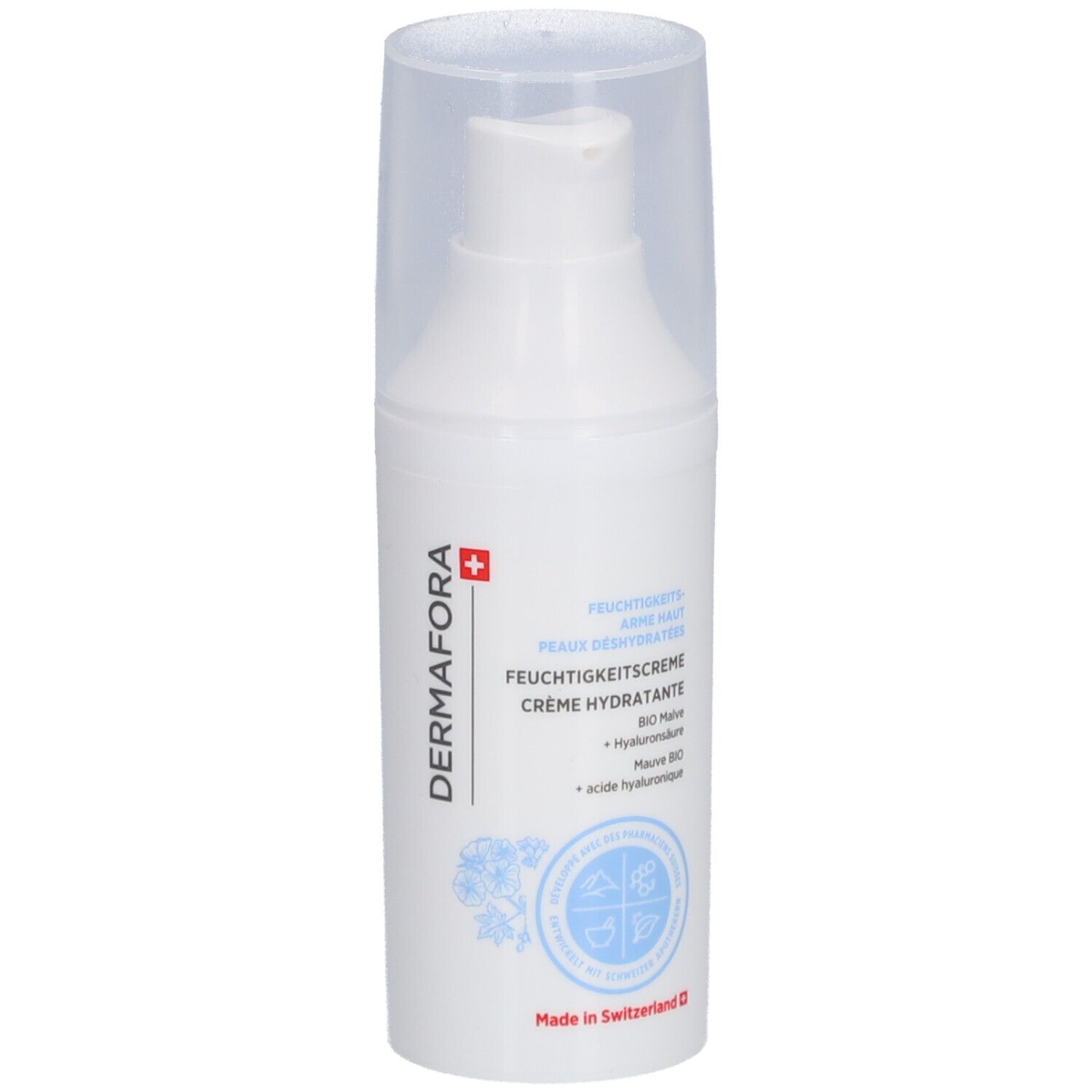 Witte pompflacon met transparante dop. Opschrift: DERMAFORA, Feuchtigkeitscreme, Crème hydratante. Zwitsers kruis.