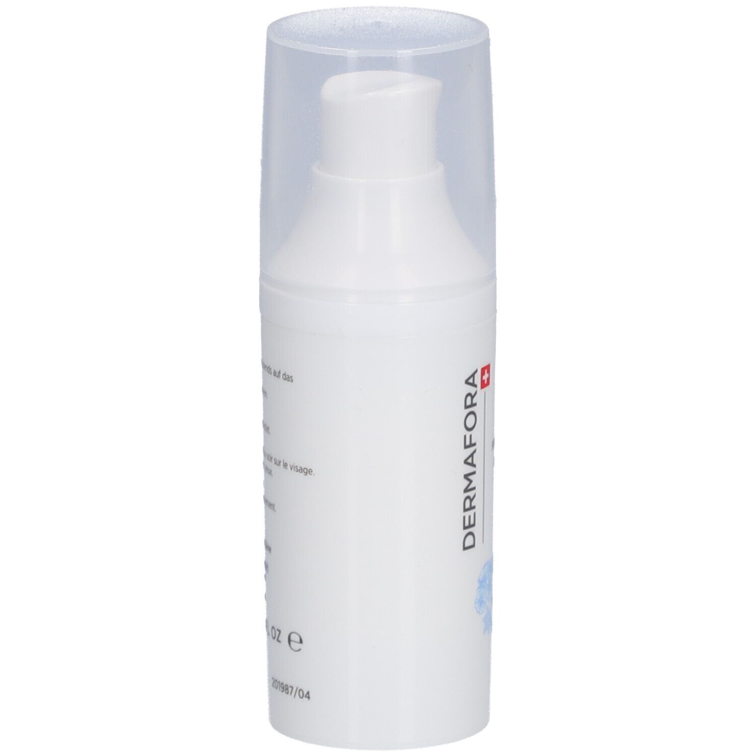 Witte pompflacon met transparante dop. Opschrift: DERMAFORA. Productinformatie op de zijkant.