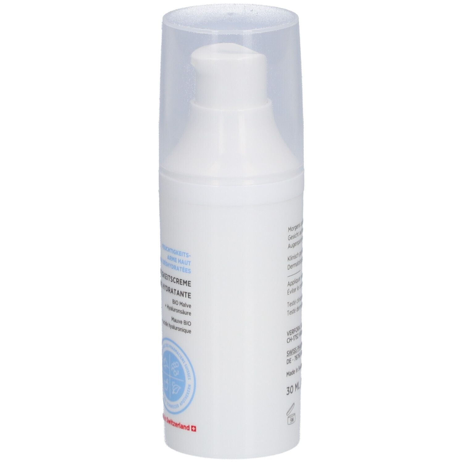 Witte pompflacon met transparante dop. Opschrift: DERMAFORA, Feuchtigkeitscreme, Crème hydratante. Zwitsers kruis.