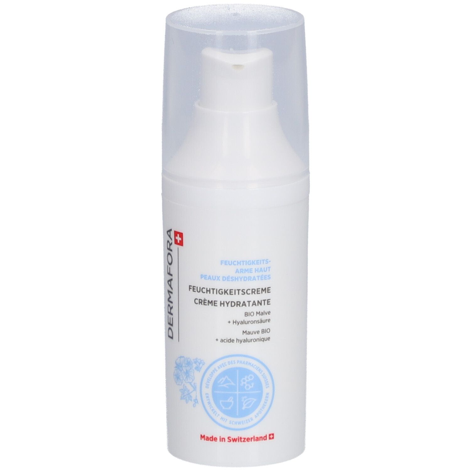 Witte pompflacon met transparante dop. Opschrift: DERMAFORA, Feuchtigkeitscreme, Crème hydratante. Zwitsers kruis.