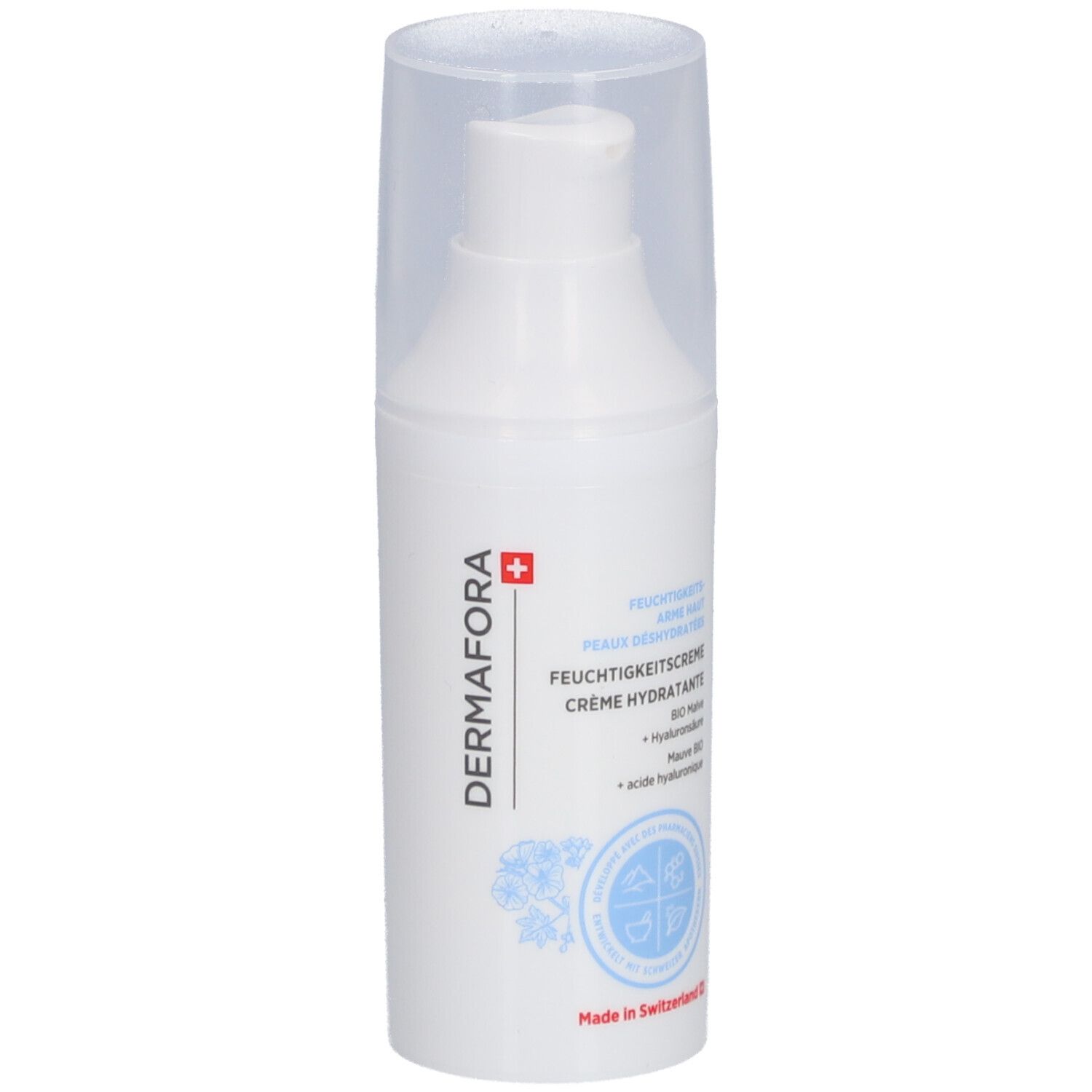 Witte pompflacon met transparante dop. Opschrift: DERMAFORA, Feuchtigkeitscreme, Crème hydratante. Zwitsers kruis.