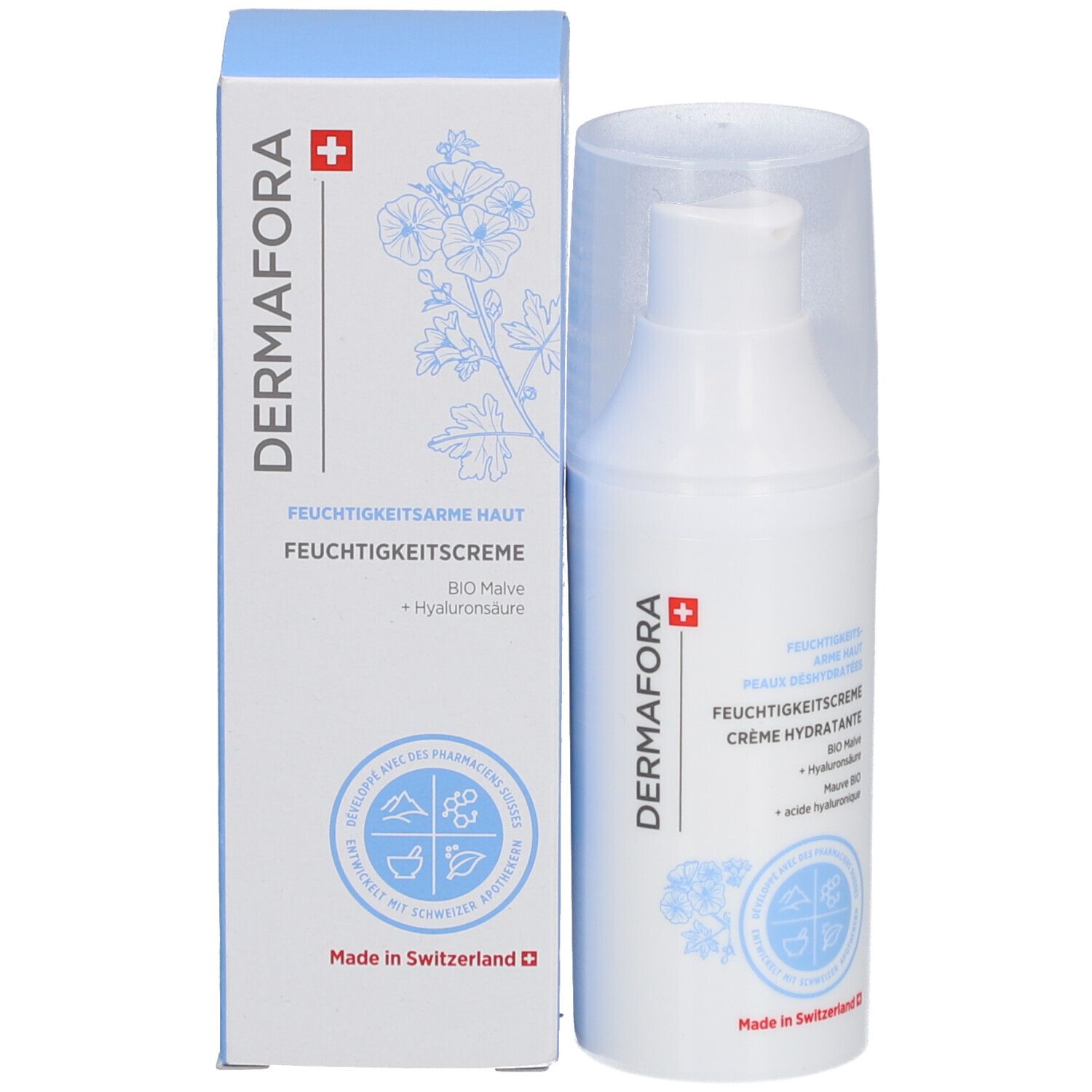 Witte pompflacon met transparante dop en verpakking. Opschrift: DERMAFORA, Feuchtigkeitscreme. Zwitsers kruis.