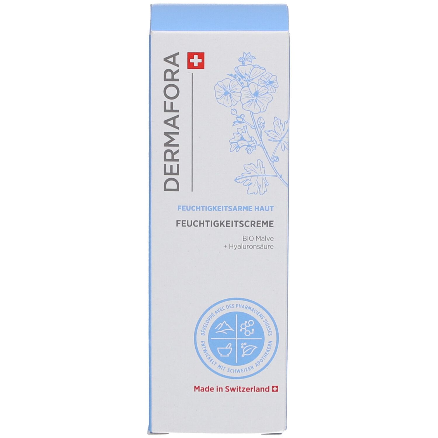 Verpakking met opschrift: DERMAFORA, Feuchtigkeitscreme. Zwitsers kruis. Afbeelding van bloemen.