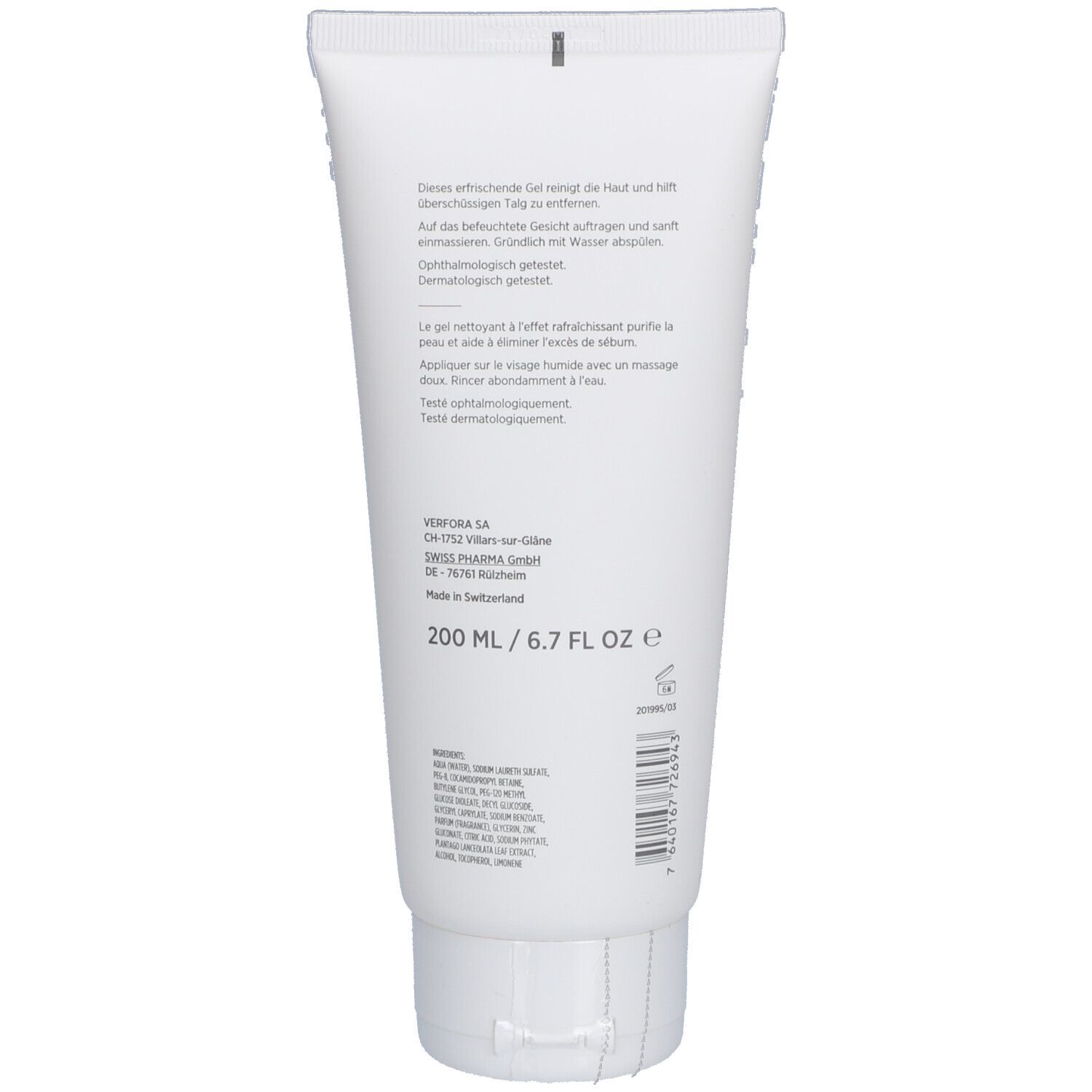 Dos du tube blanc. Texte en allemand et français. Ingrédients. 200 ml / 6.7 FL OZ e. Code-barres.