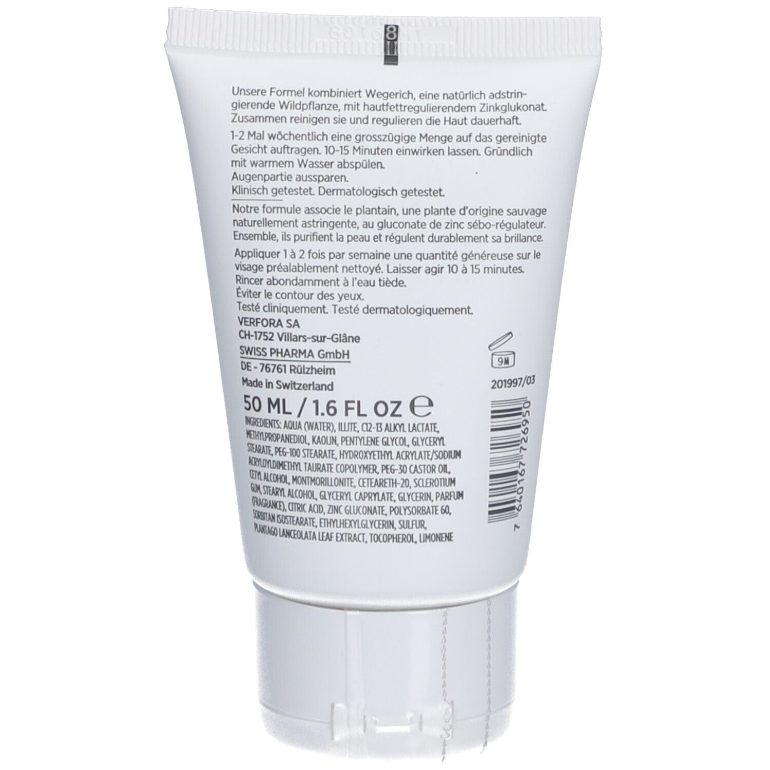 Achterkant van de tube. Tekst en ingrediënten. 50 ml. Made in Switzerland. Batchnummer en barcode.