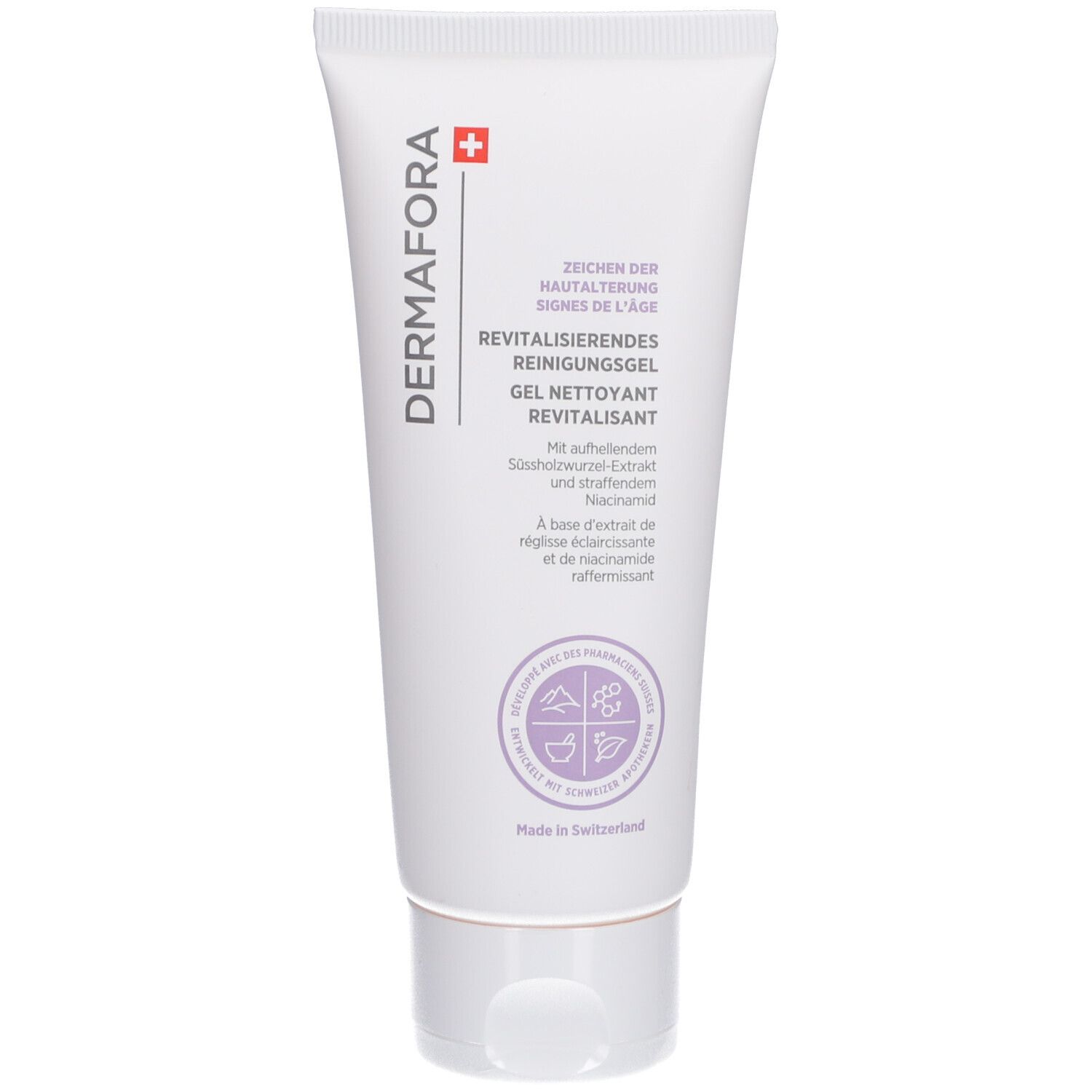 Tube blanc avec nom et logo du produit. Texte: Gel nettoyant revitalisant. Illustration des ingrédients. Fabriqué en Suisse.