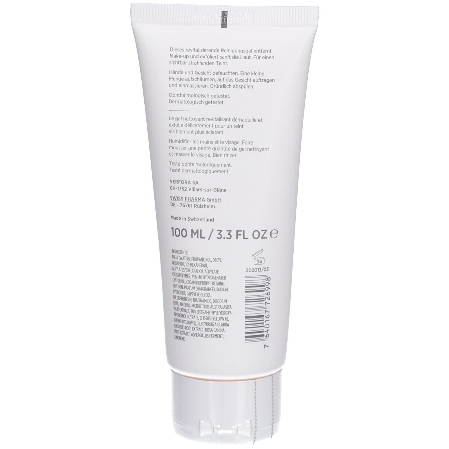 Dos du tube. Texte: Mode d'emploi, ingrédients, adresse du fabricant, 100 ml/3.3 FL OZ. Code-barres.