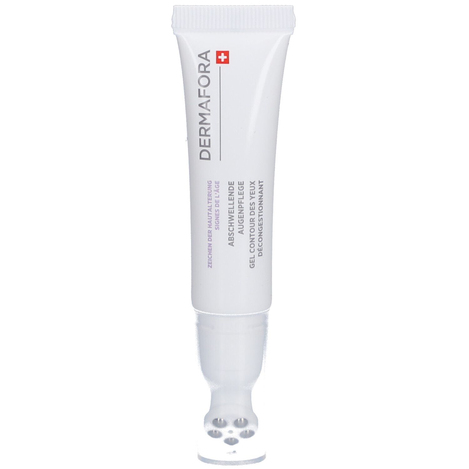 Witte tube met applicator. Opschrift: DERMAFORA, Abschwellende Augenpflege. Zwitsers kruis.