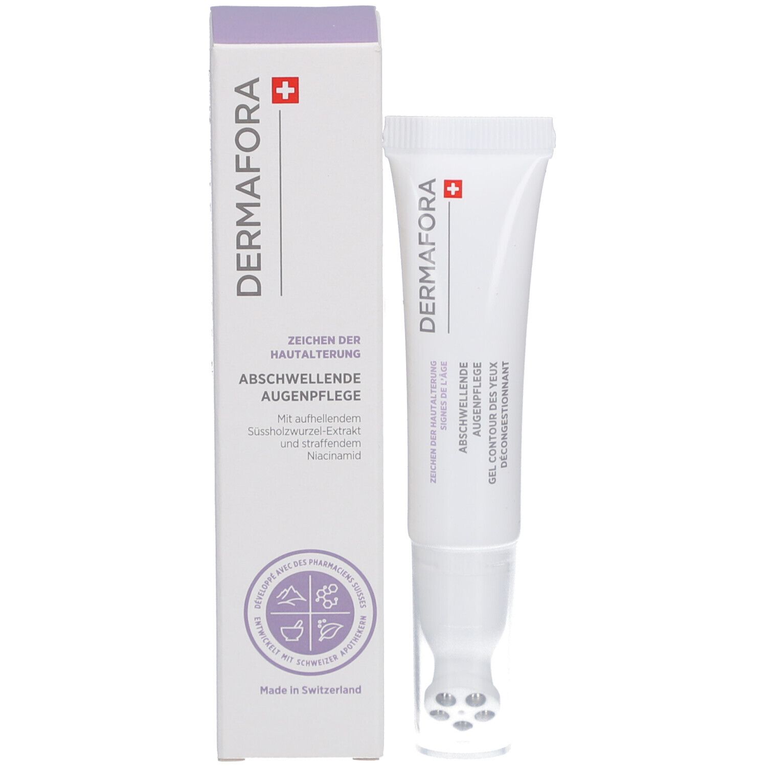 Product en verpakking. Tube en doos. Opschrift: DERMAFORA, Abschwellende Augenpflege. Zwitsers kruis.