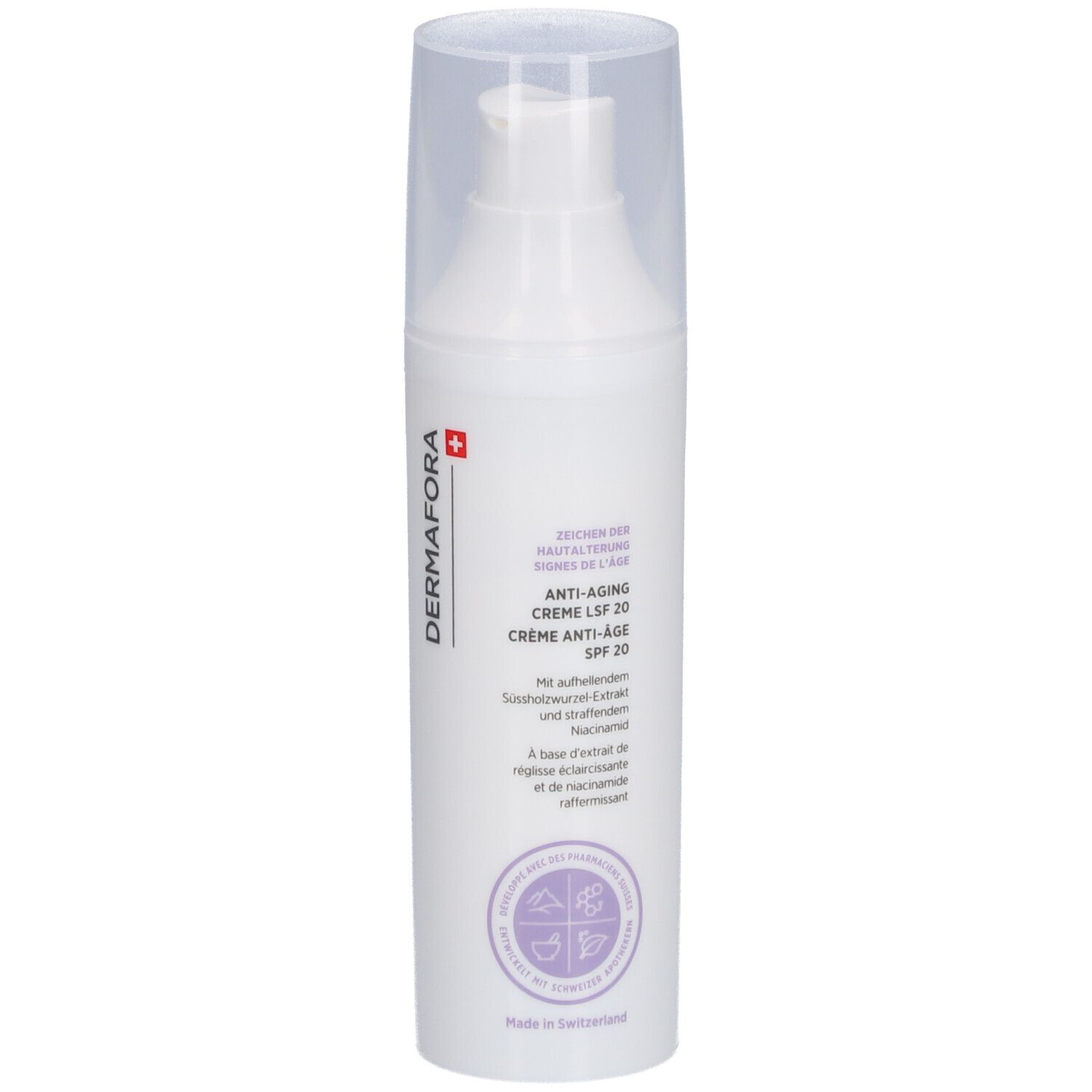 Witte crèmefles met transparante dop. Opschrift: DERMAFORA, Anti-Aging Crème SPF 20. Zwitsers kruis.