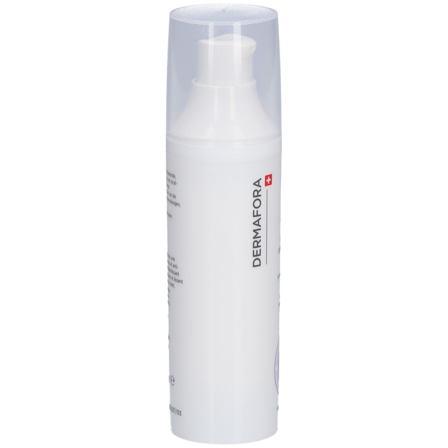 Witte crèmefles met transparante dop. Opschrift: DERMAFORA. Zwitsers kruis. Zijaanzicht.