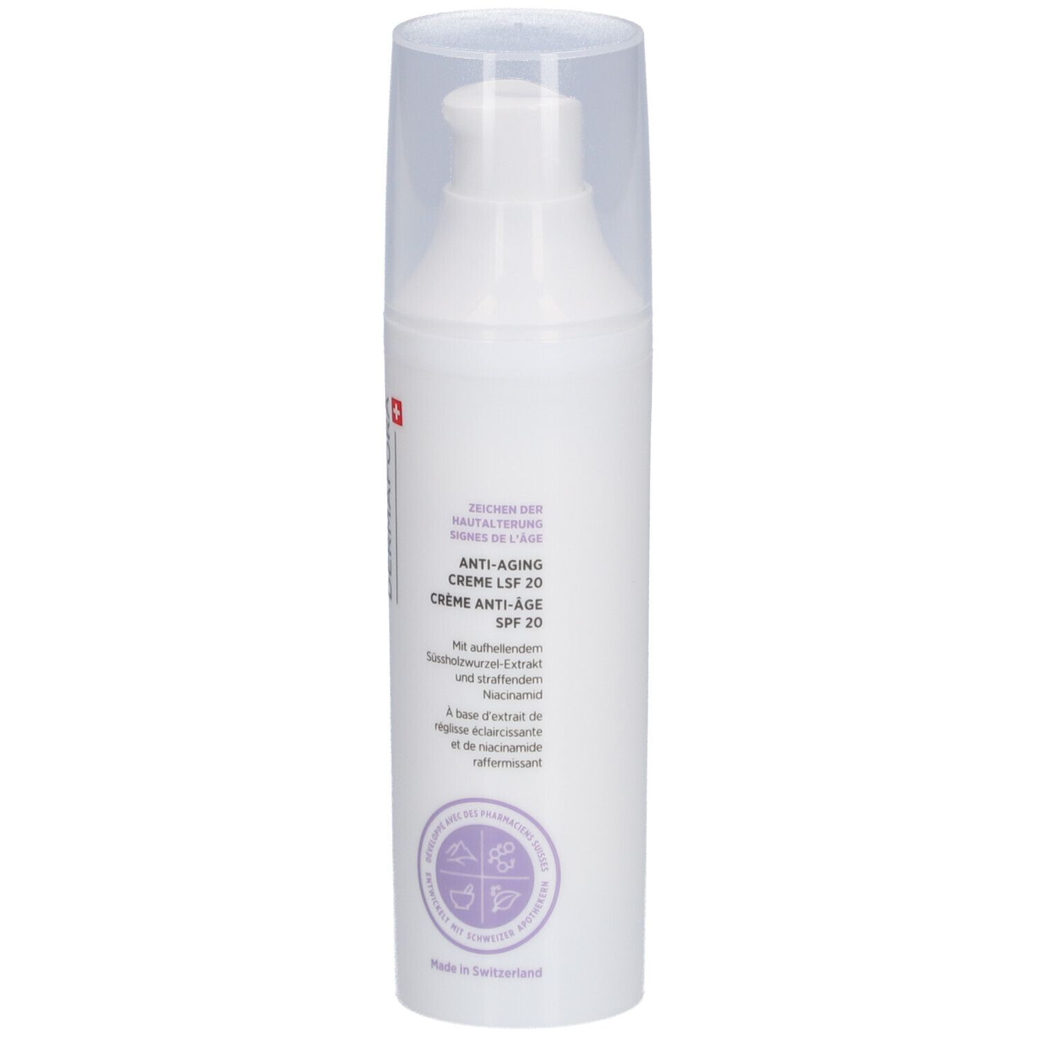 Witte crèmefles met transparante dop. Opschrift: DERMAFORA, Anti-Aging Crème SPF 20. Zwitsers kruis.