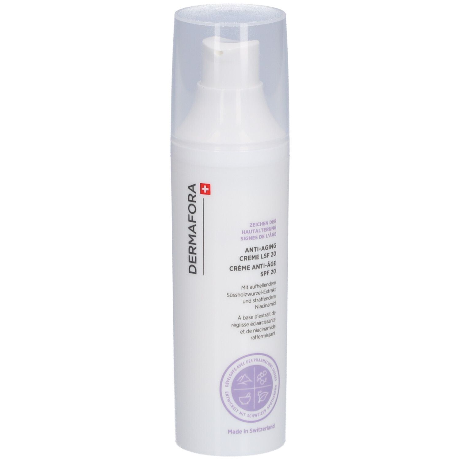 Witte crèmefles met transparante dop. Opschrift: DERMAFORA, Anti-Aging Crème SPF 20. Zwitsers kruis.