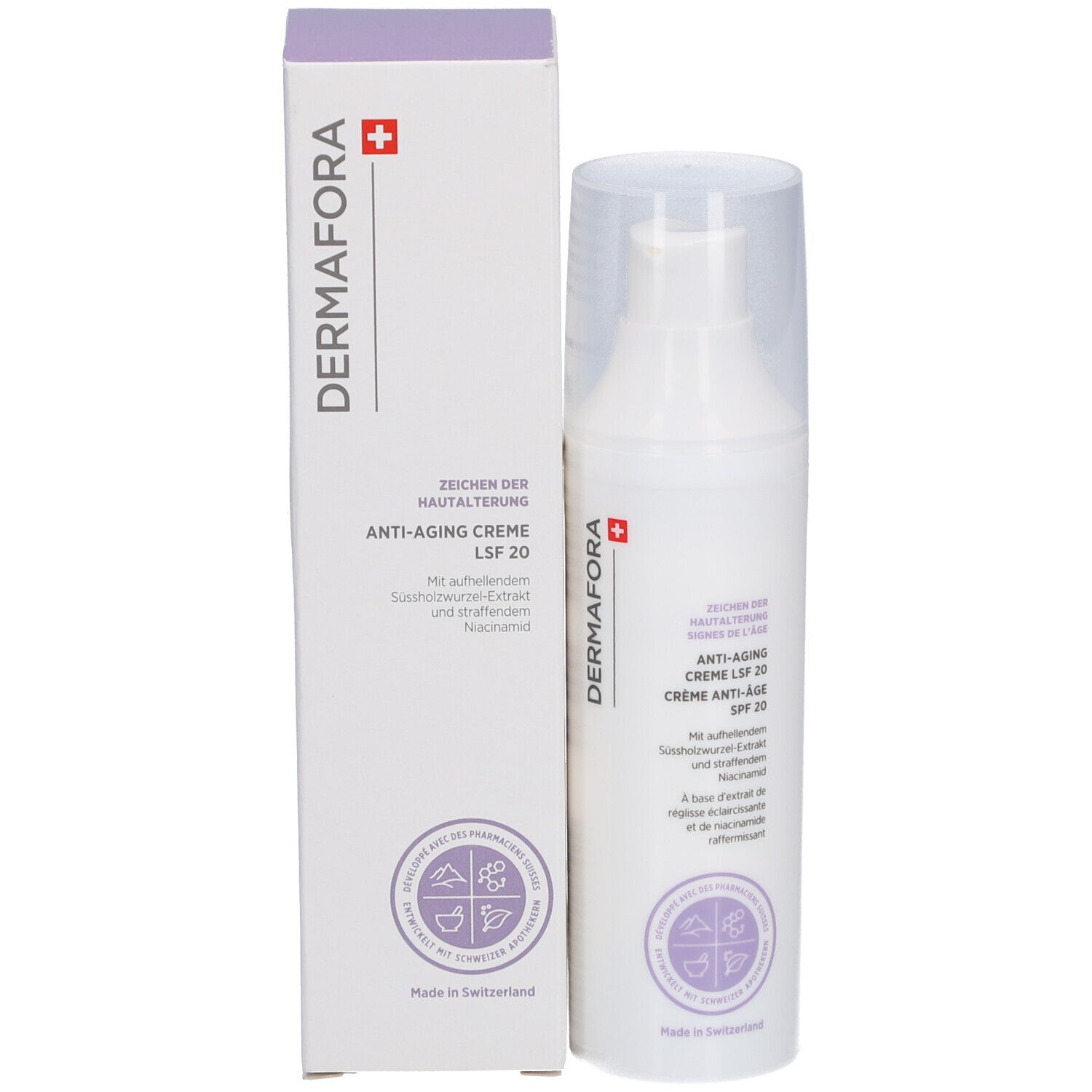 Crèmefles en doos. Opschrift: DERMAFORA, Anti-Aging Crème SPF 20. Zwitsers kruis. Verpakking.