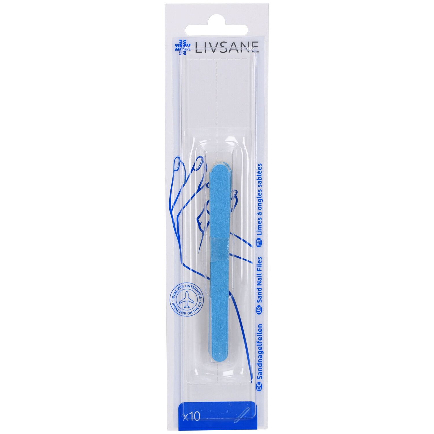 Lot de limes à ongles bleues en emballage transparent. Dix pièces. Marque: LIVSANE. Texte: Sand Nail Files.
