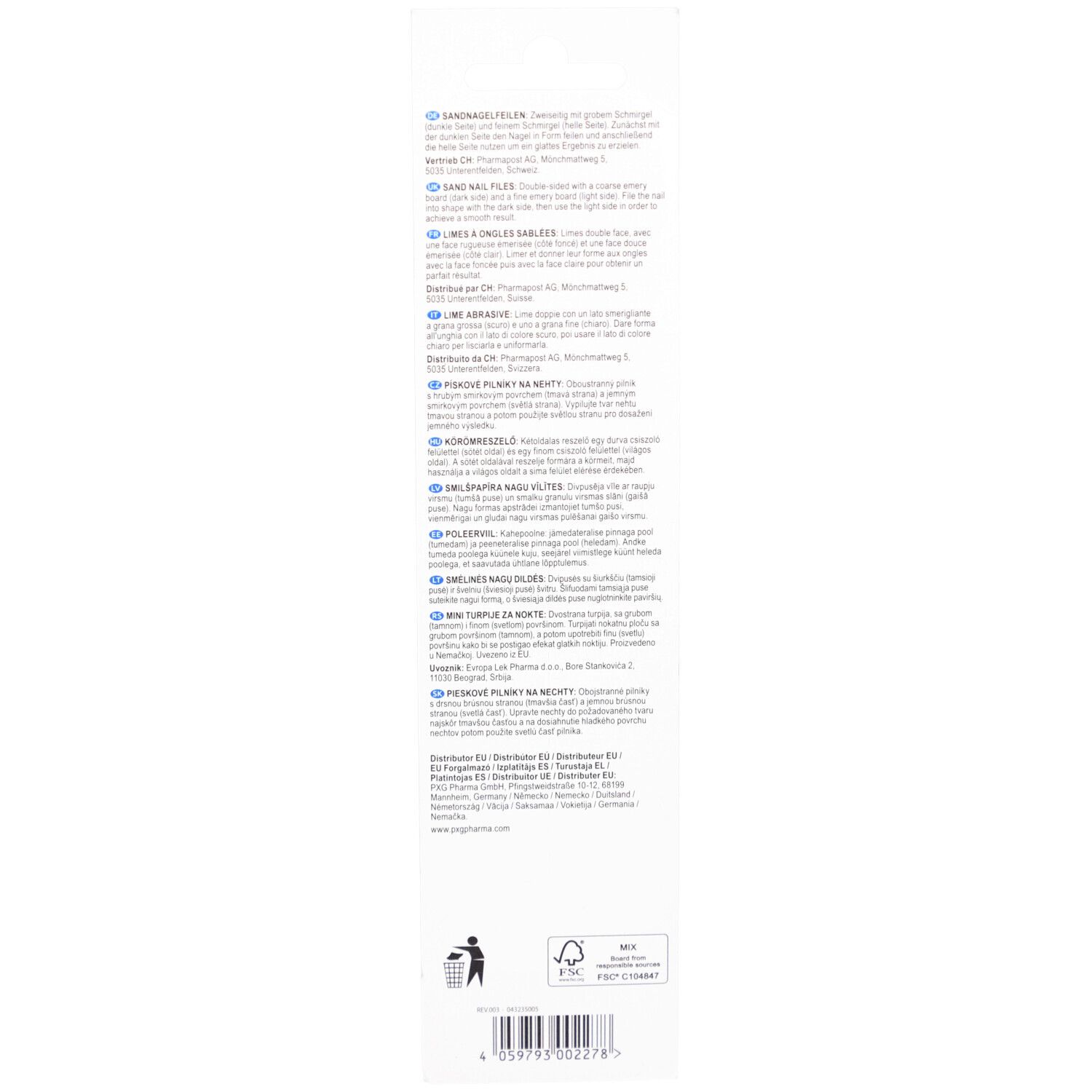 Dos de l'emballage avec texte en plusieurs langues. Contient des informations sur le produit.