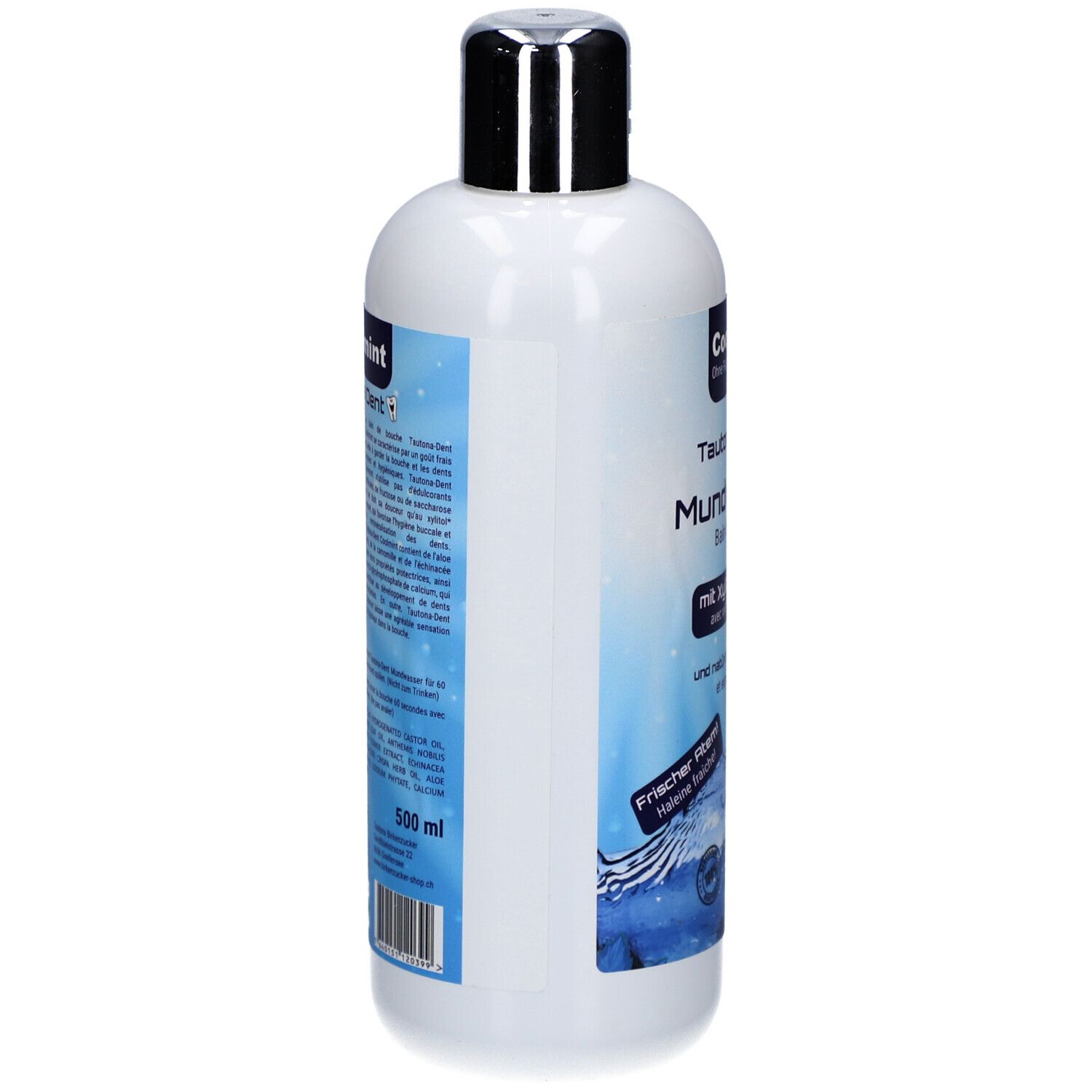 Witte fles met zilveren dop. Tekst en barcode op de zijkant. 500 ml.