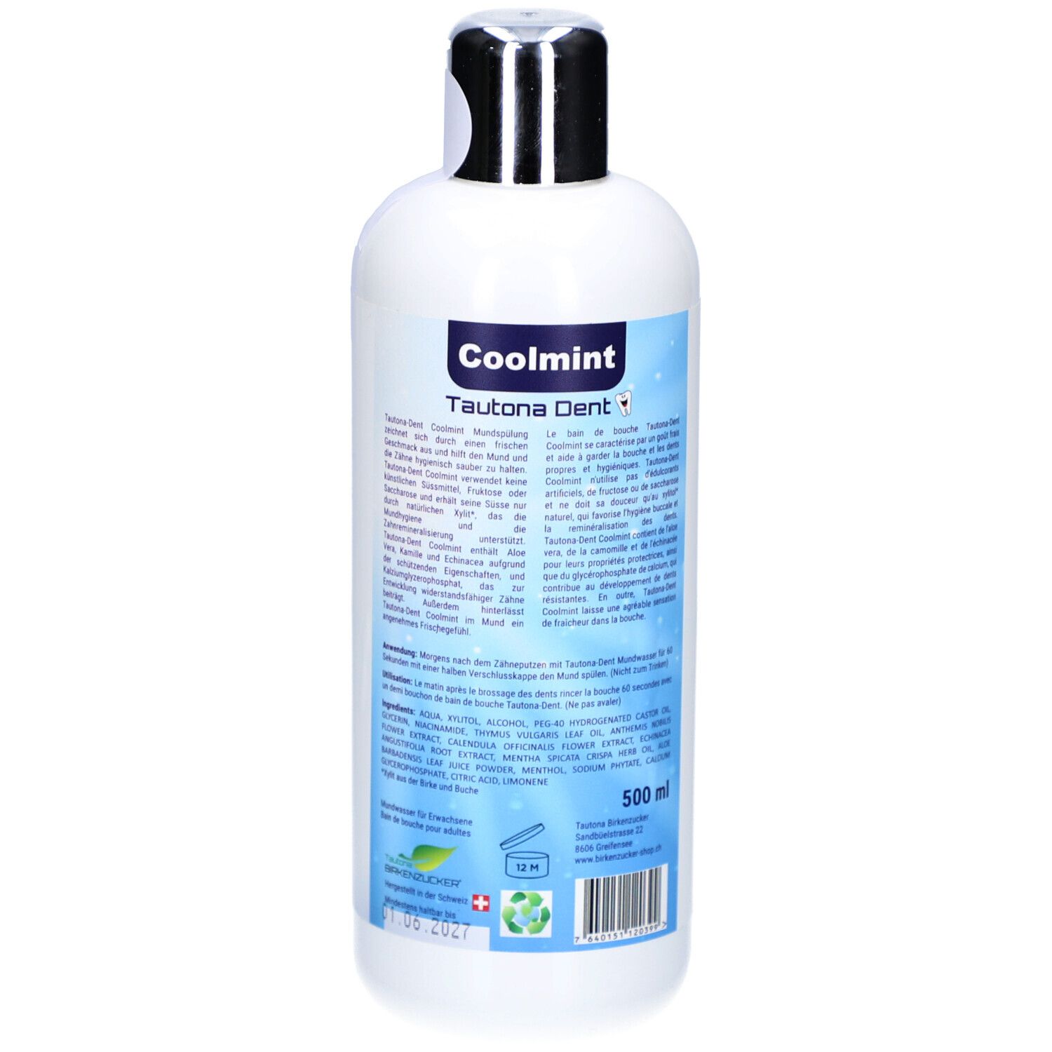 Witte fles met zilveren dop. Tekst en ingrediënten op de achterkant. 500 ml.
