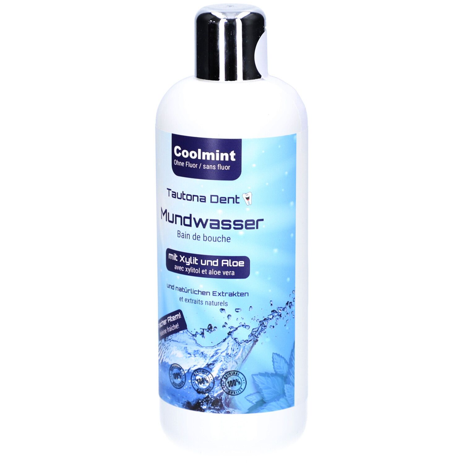 Witte fles met zilveren dop. Opschrift: Coolmint, Tautona Dent Mondwater. Met xylitol en aloë vera.