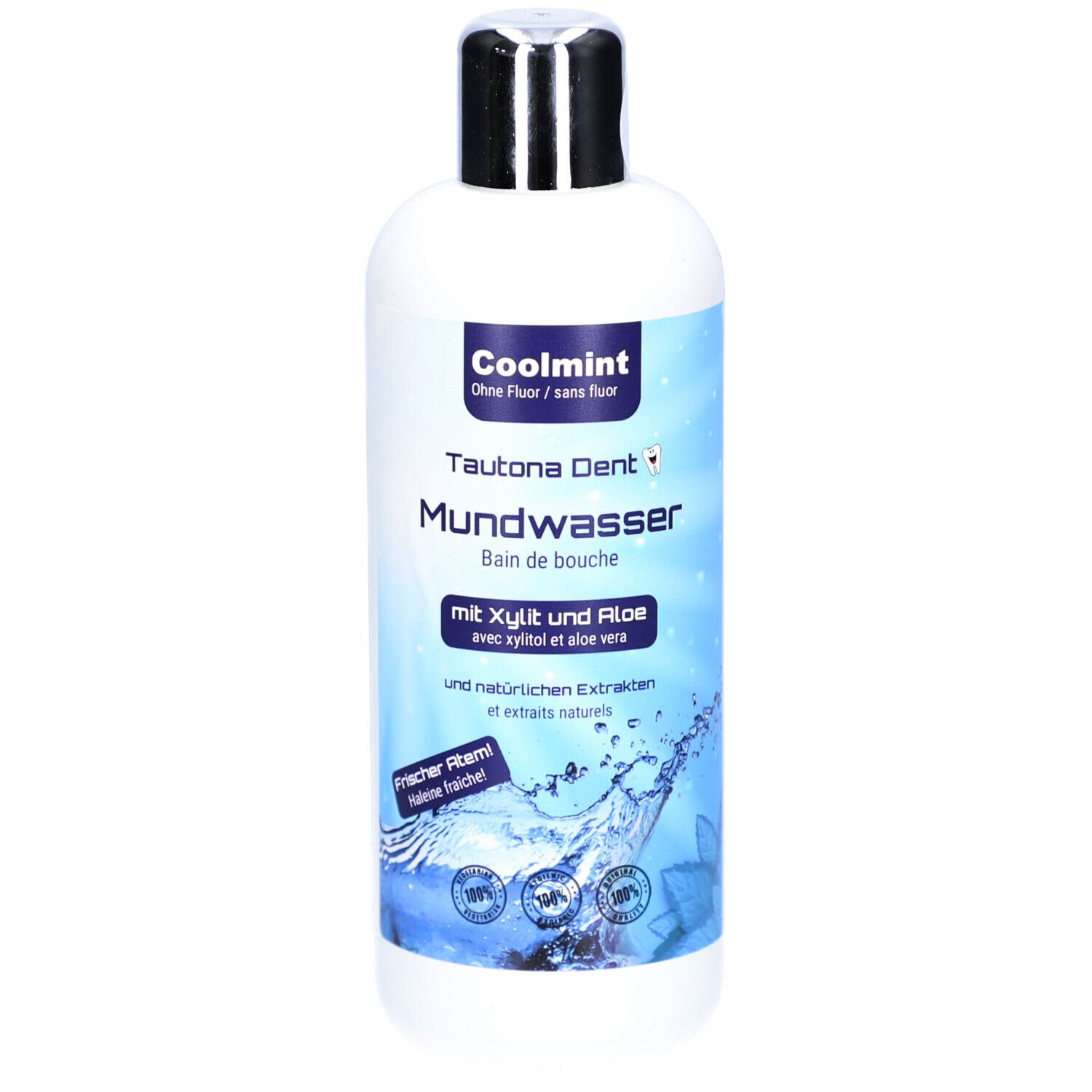 Witte fles met zilveren dop. Opschrift: Coolmint, Tautona Dent Mondwater. Met xylitol en aloë vera.