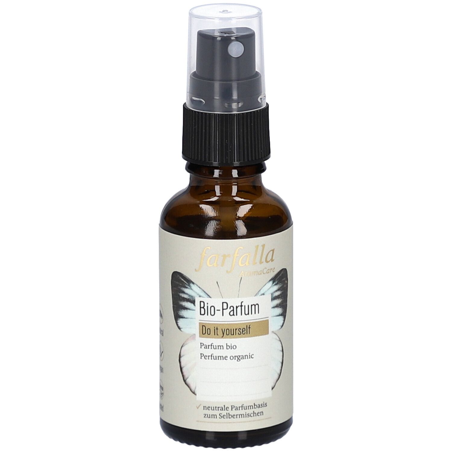 Bruine glazen fles met verstuiver. Etiket met logo en tekst Bio-Parfum. Vlinder motief.