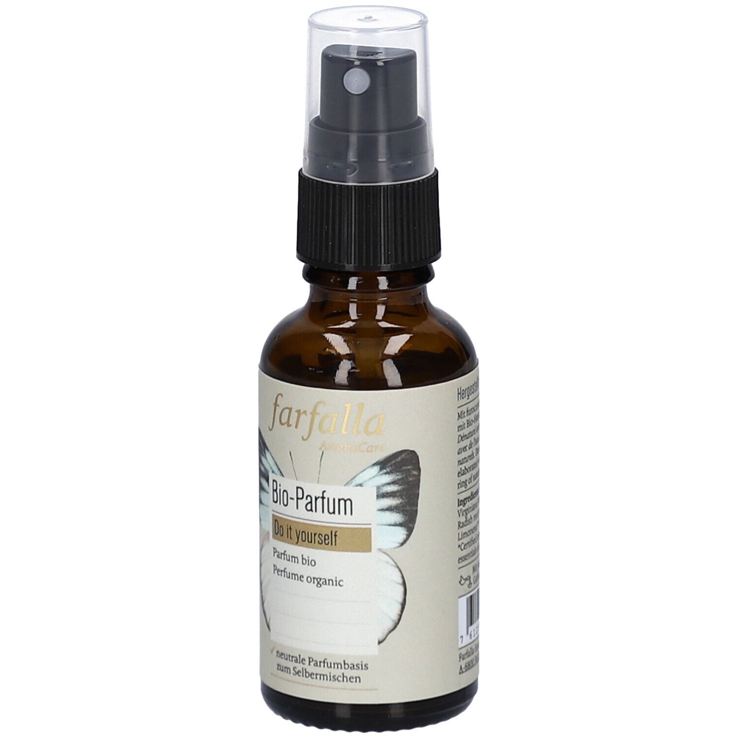 Bruine glazen fles met verstuiver. Etiket met logo en tekst Bio-Parfum. Vlinder motief.