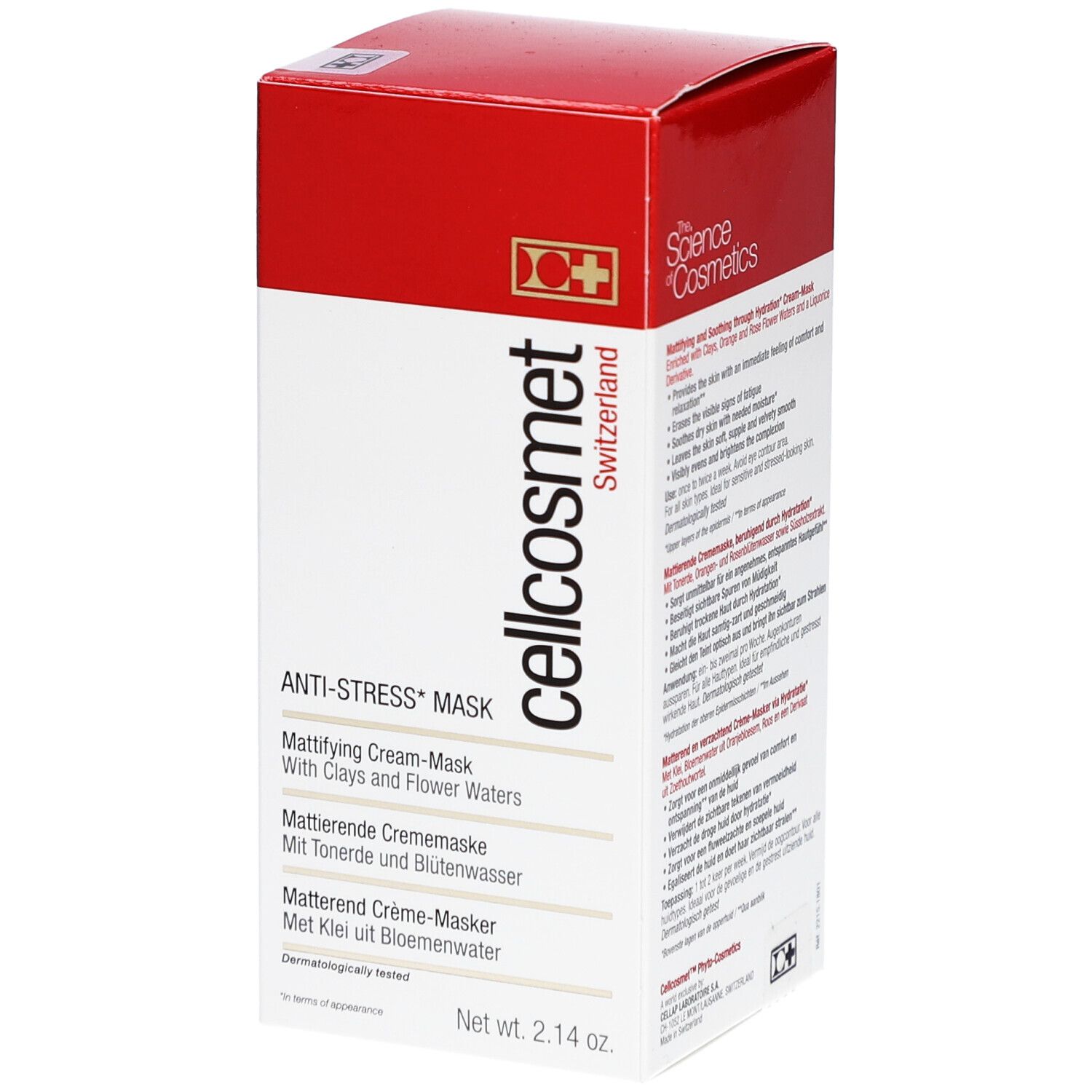 Cellcosmet Anti-Stress-Masque verpakking. Rode en witte doos met productinformatie en logo. Netto inhoud: 2.14 oz.