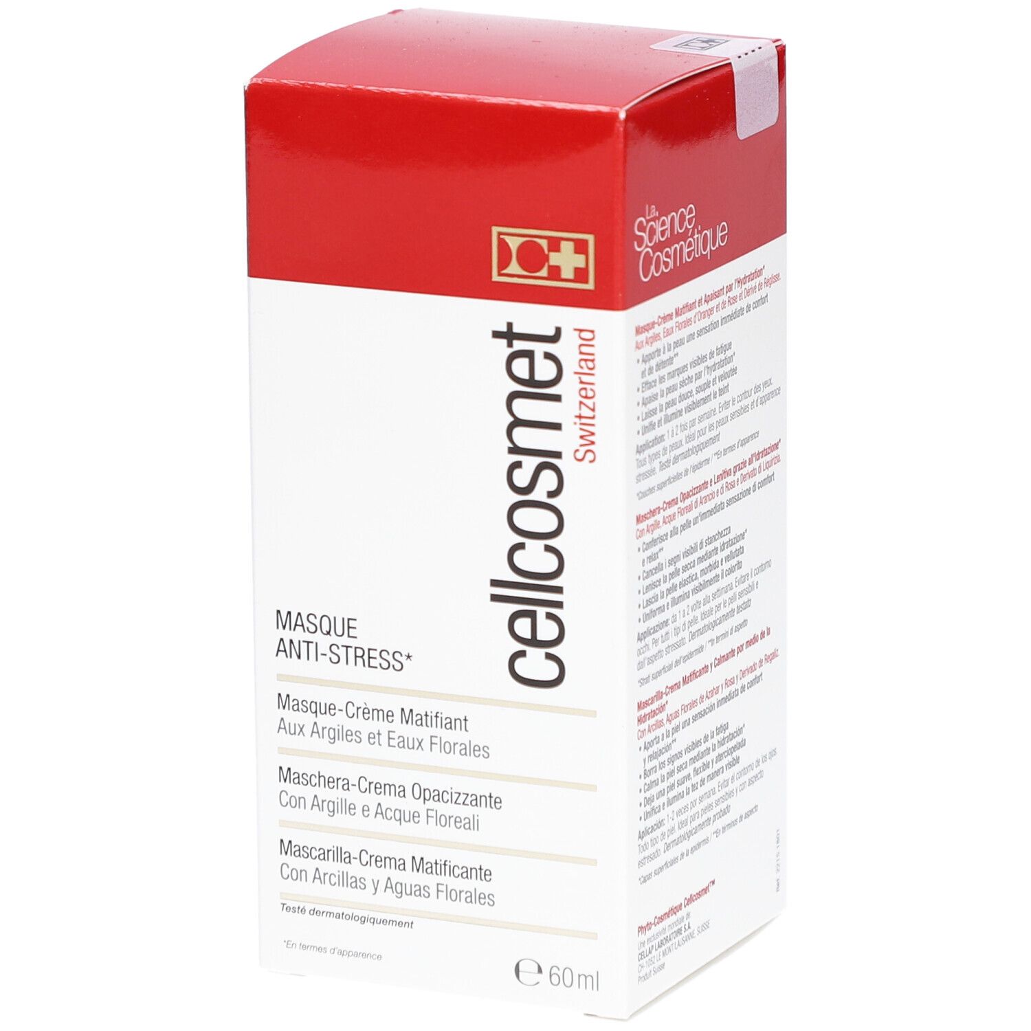 Cellcosmet Anti-Stress-Masque verpakking. Rode en witte doos met productinformatie en logo. Volume: 60 ml.