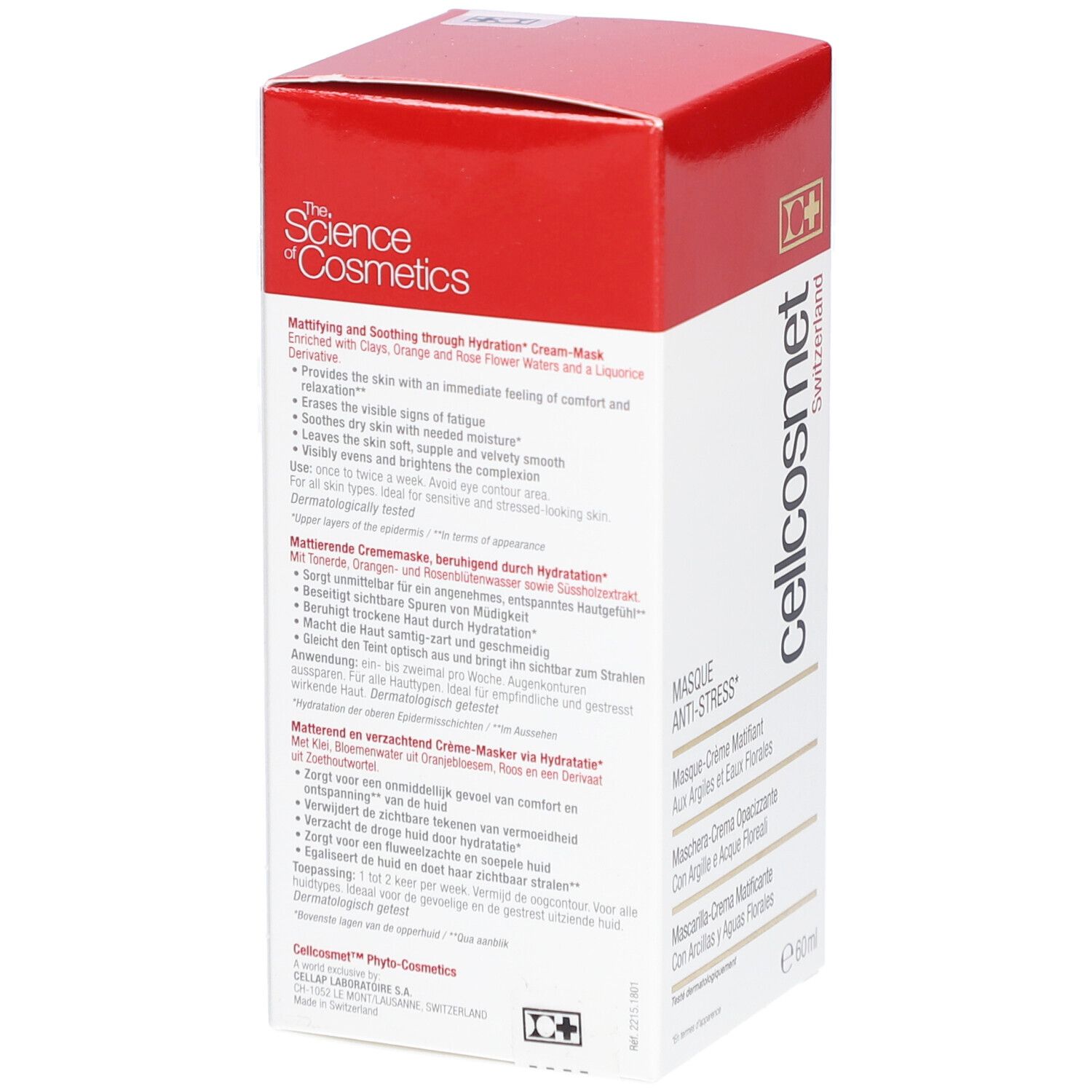 Achterkant van de Cellcosmet Anti-Stress-Masque verpakking. Rode en witte doos met tekst in meerdere talen. Volume: 60 ml.