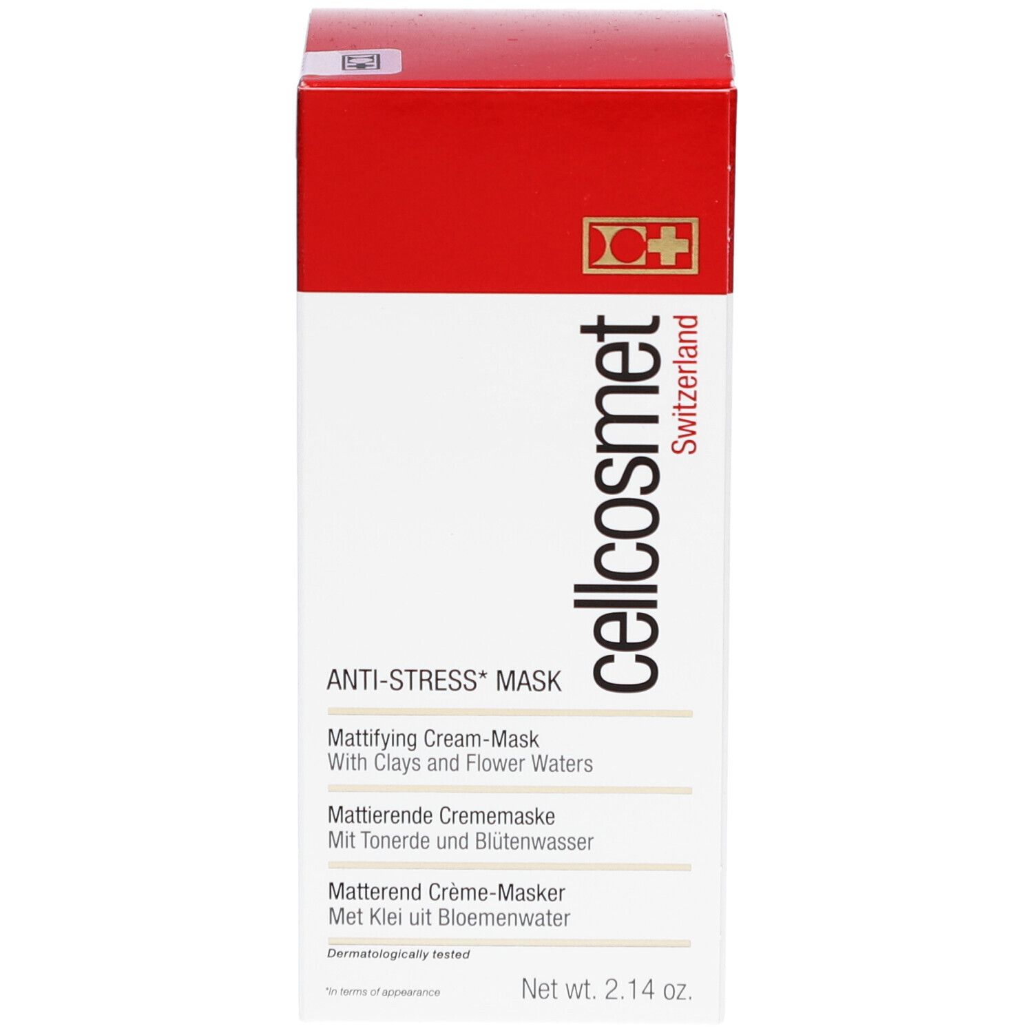 Cellcosmet Anti-Stress-Masque verpakking. Rode en witte doos met productinformatie en logo. Netto inhoud: 2.14 oz.