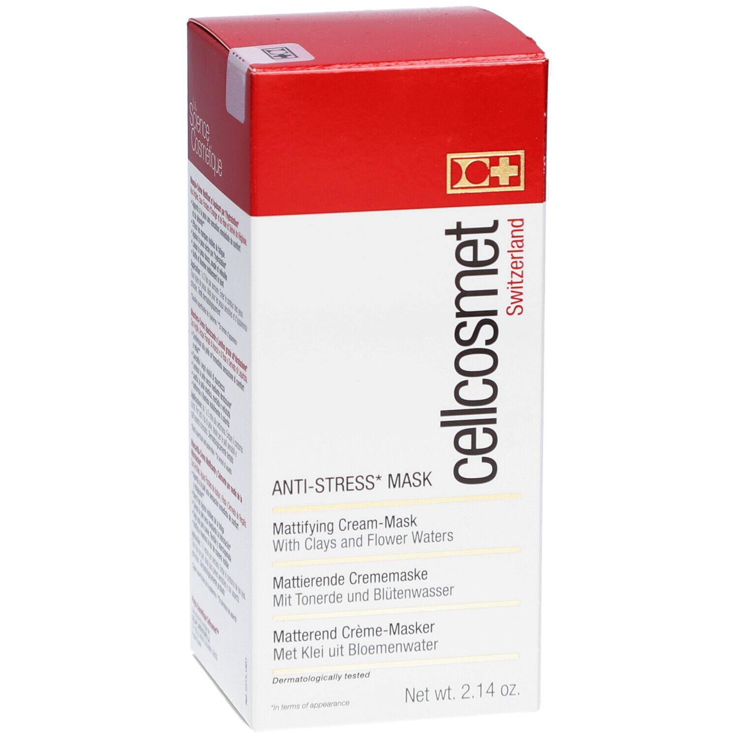 Cellcosmet Anti-Stress-Masque verpakking. Rode en witte doos met productinformatie en logo. Netto inhoud: 2.14 oz.