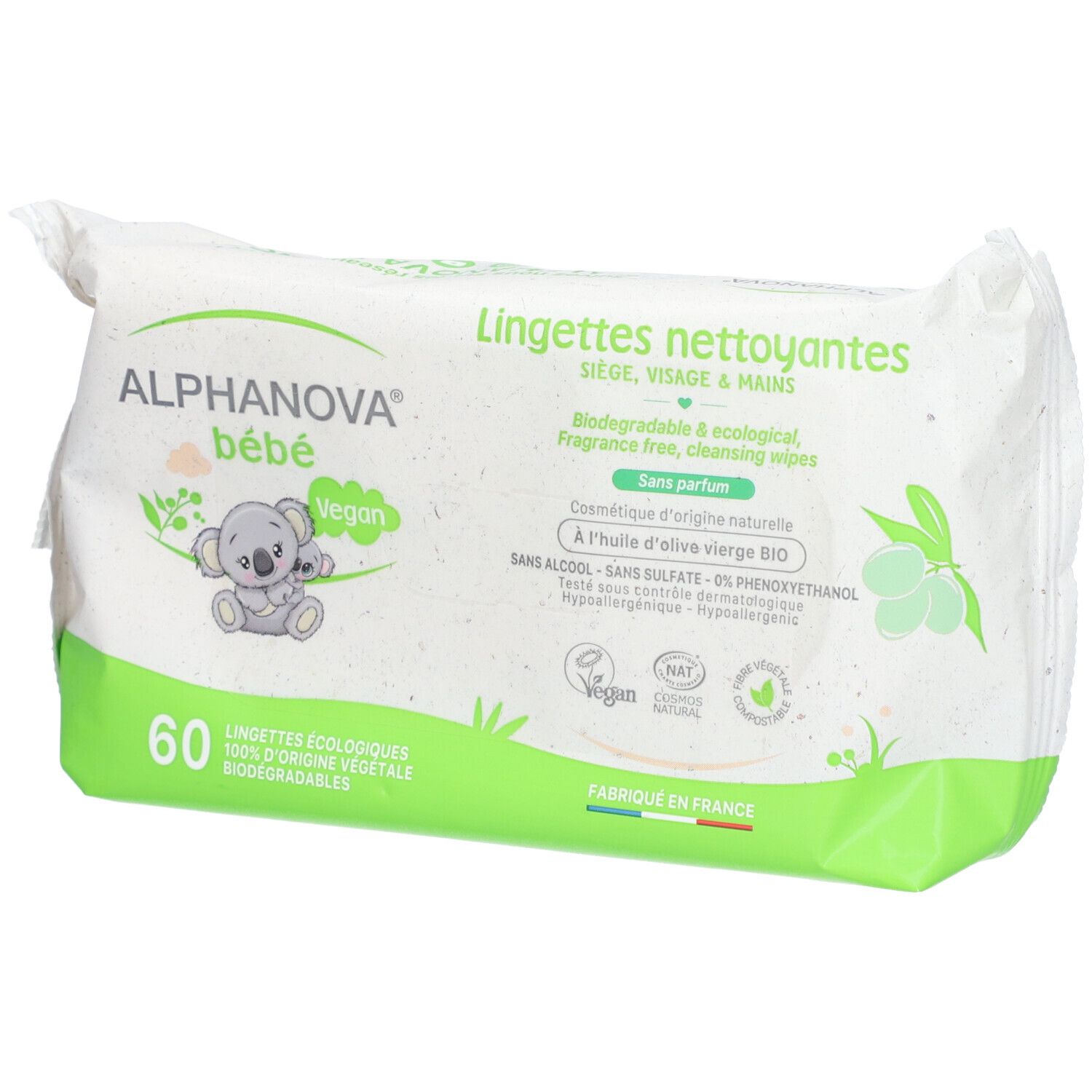 Paquet de lingettes nettoyantes ALPHANOVA bébé. 60 lingettes, véganes, biodégradables. Emballage vert et blanc avec illustration de koala.