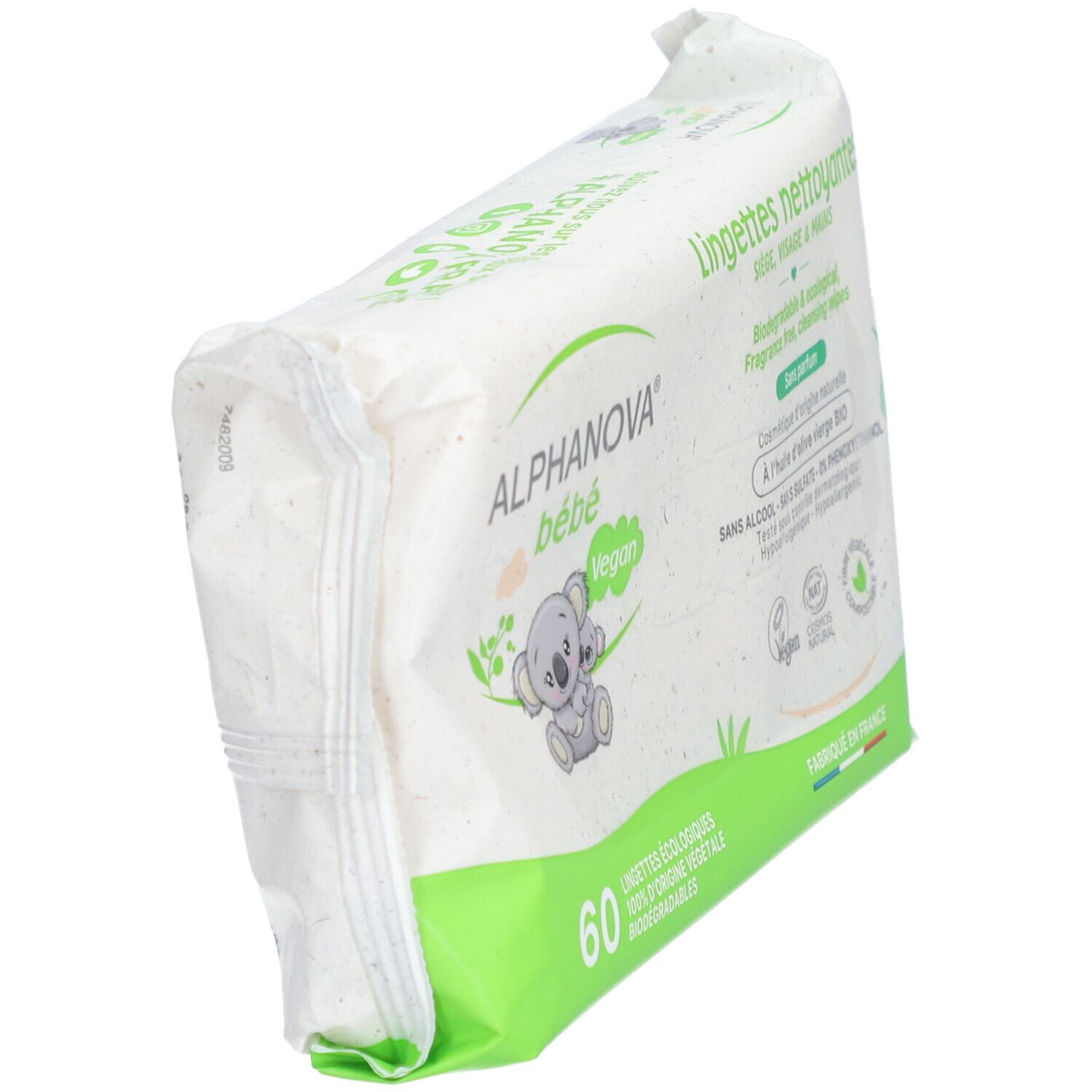Vue oblique du paquet de lingettes ALPHANOVA bébé. Emballage vert et blanc avec illustration de koala. 60 lingettes, véganes, biodégradables.