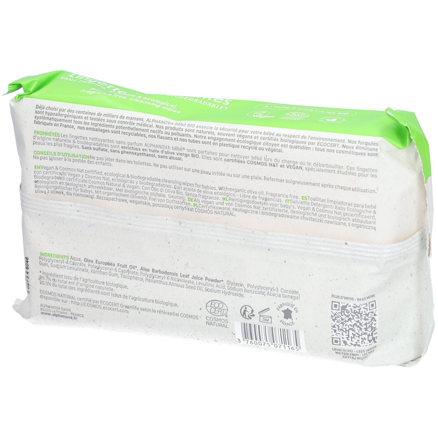 Dos du paquet de lingettes ALPHANOVA bébé. Texte multilingue. Ingrédients, certifications, code QR et logo.