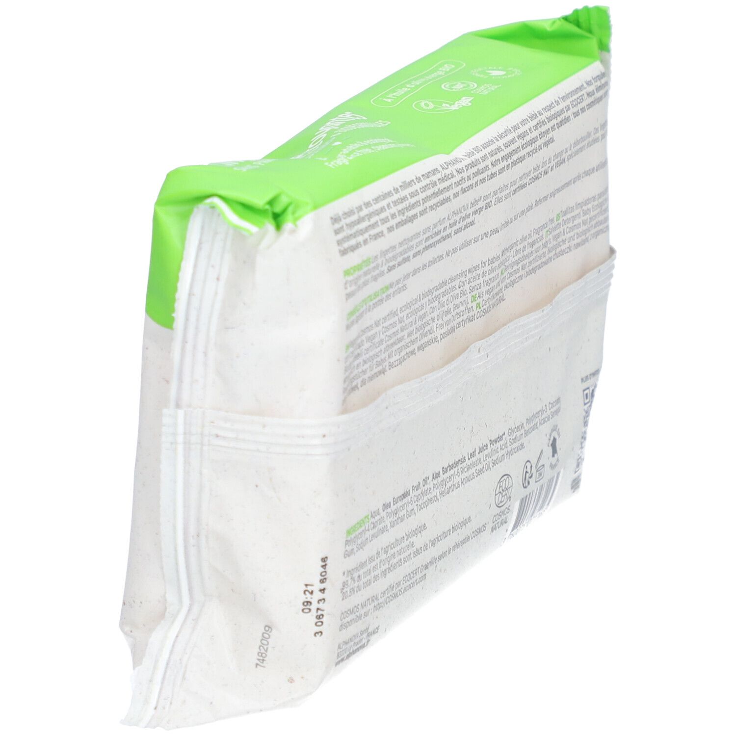 Vue oblique du dos du paquet de lingettes ALPHANOVA bébé. Texte multilingue. Code QR et logo.