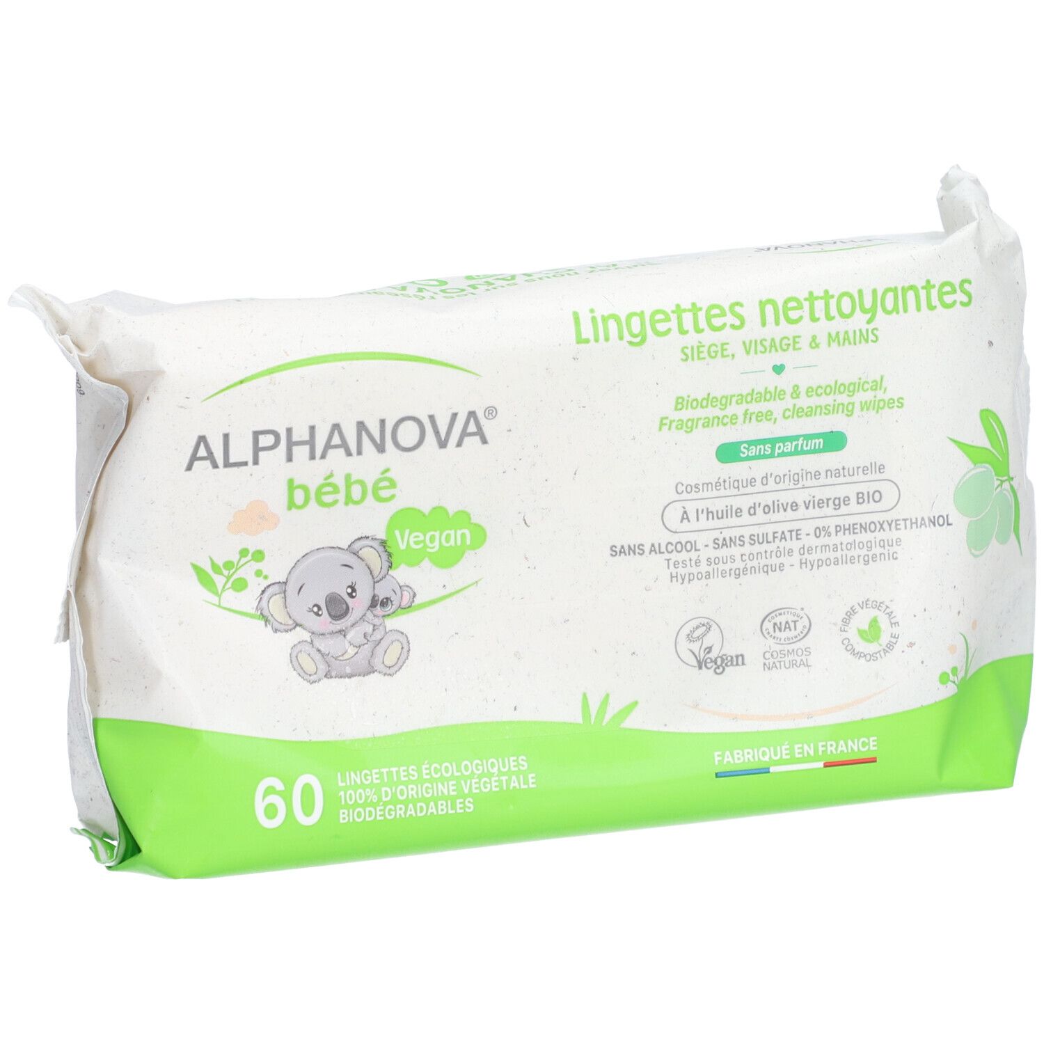 Paquet de lingettes ALPHANOVA bébé. 60 lingettes, véganes, biodégradables. Emballage vert et blanc avec illustration de koala. Texte: Lingettes nettoyantes.